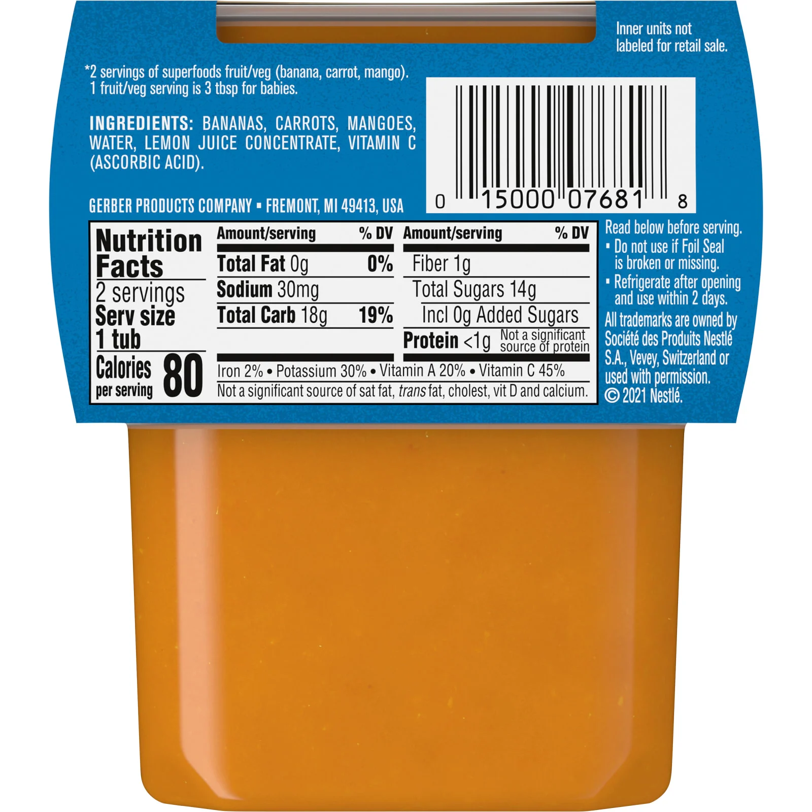 Gerber, Банан, морковь и манго, 2nd Foods, 2 пакетика по 113 г (4 унции)