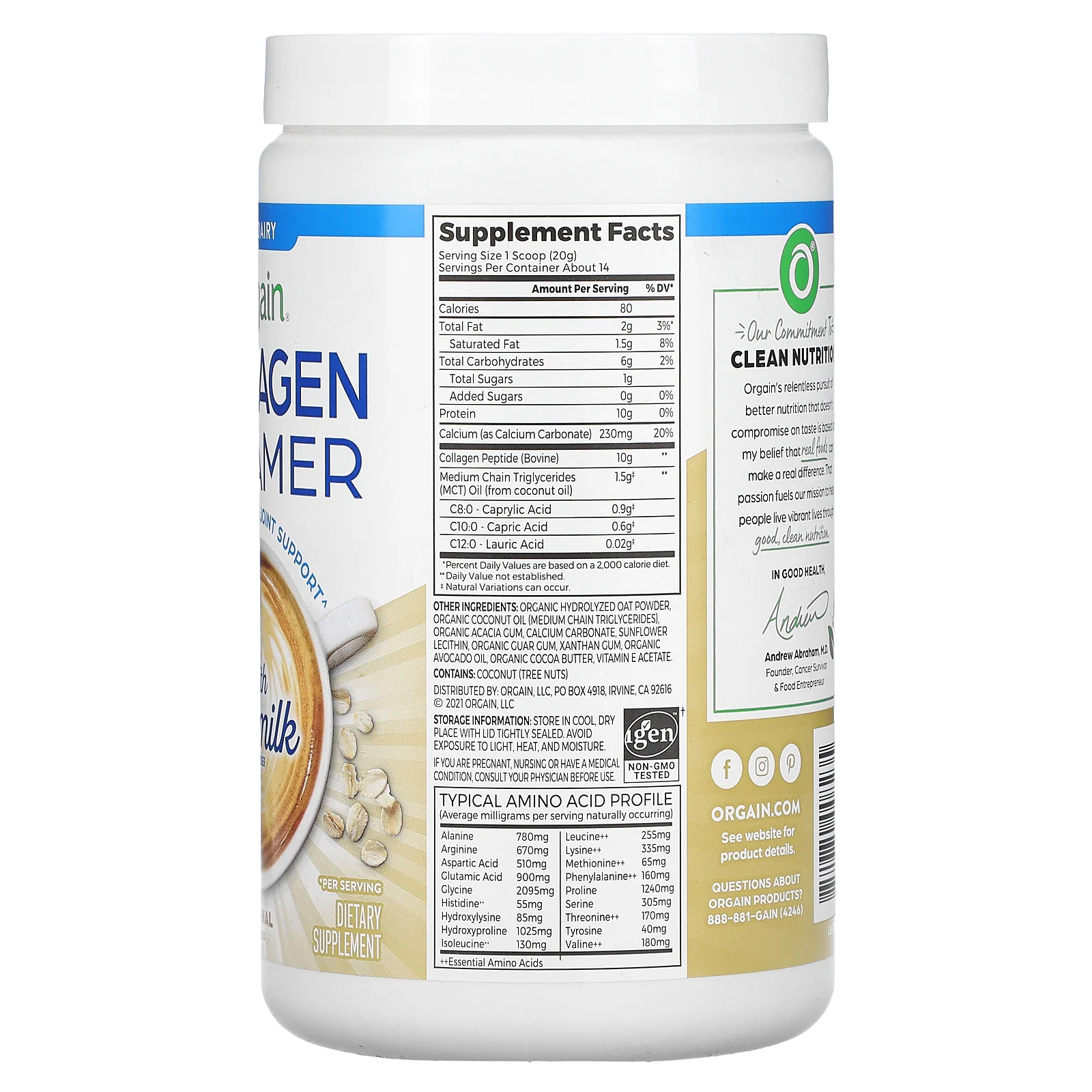 Orgain, Коллагеновые сливки с порошком из овсяного молока, оригинальные, 283,5 г (10 унций)