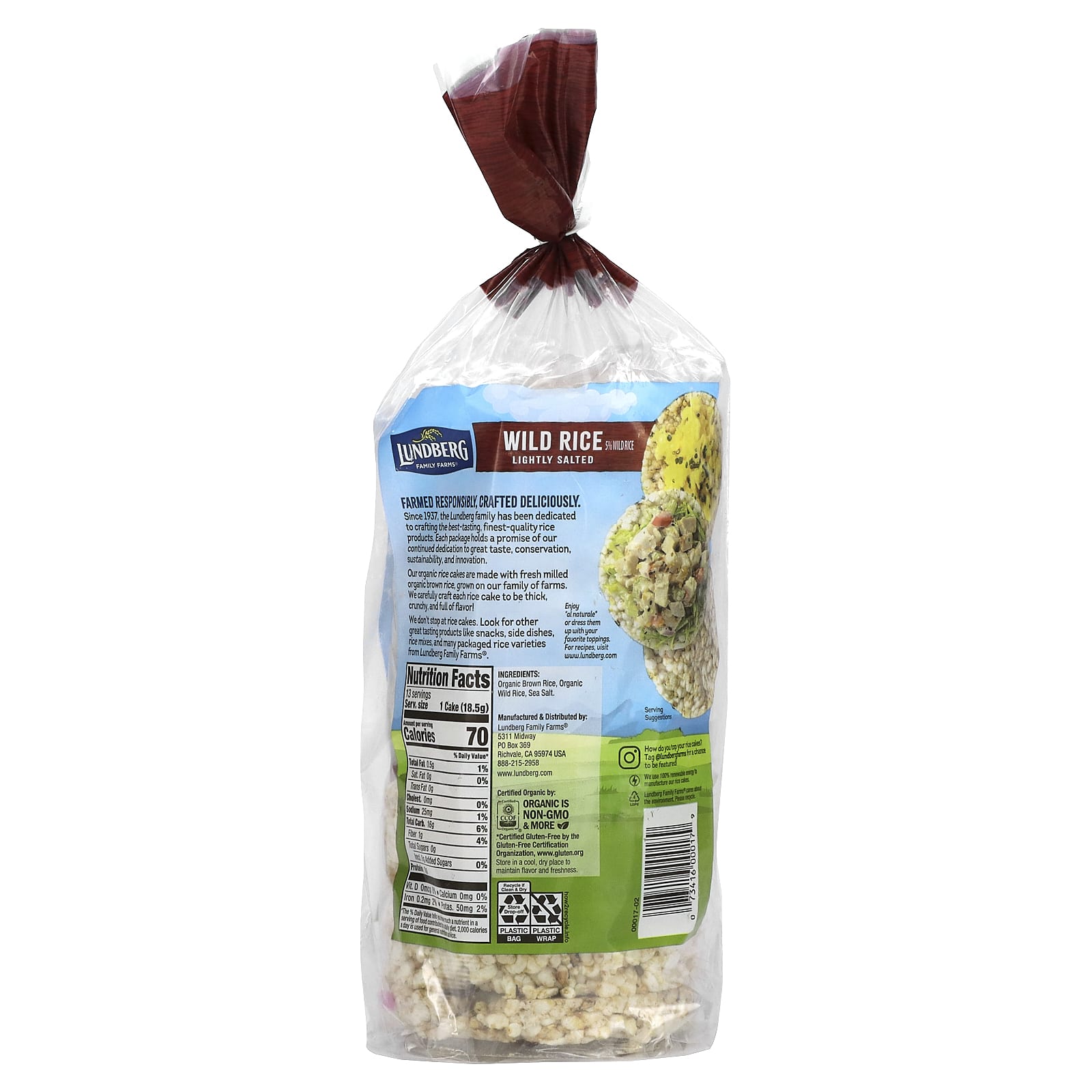 Lundberg, Органические цельнозерновые рисовые лепешки, дикий рис, слабосоленый, 241 г (8,5 унции)