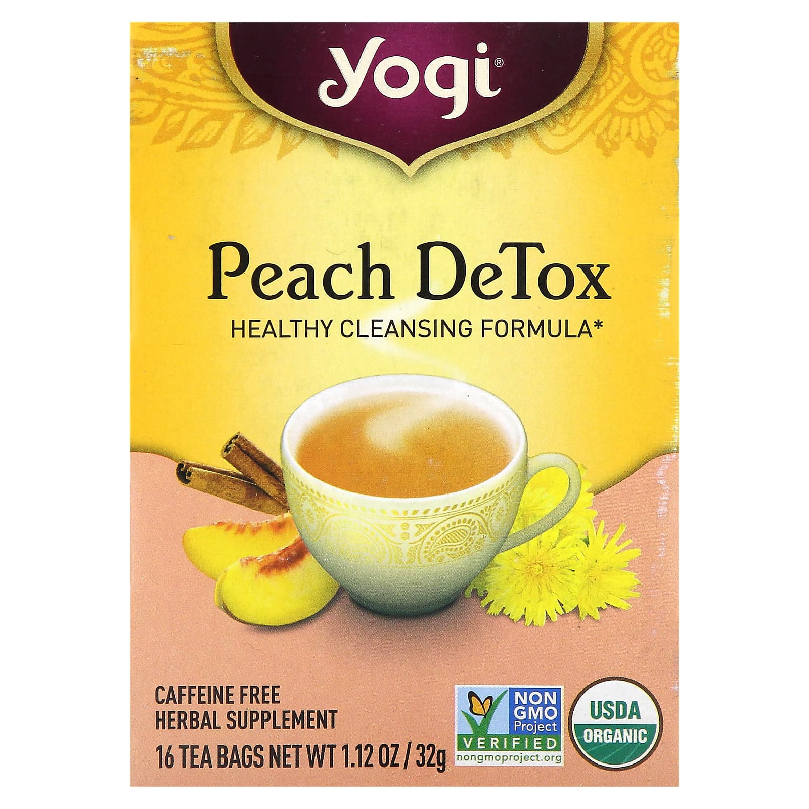 Yogi Tea, Peach DeTox, персик, без кофеина, 16 чайных пакетиков, 32 г (1,12 унций)