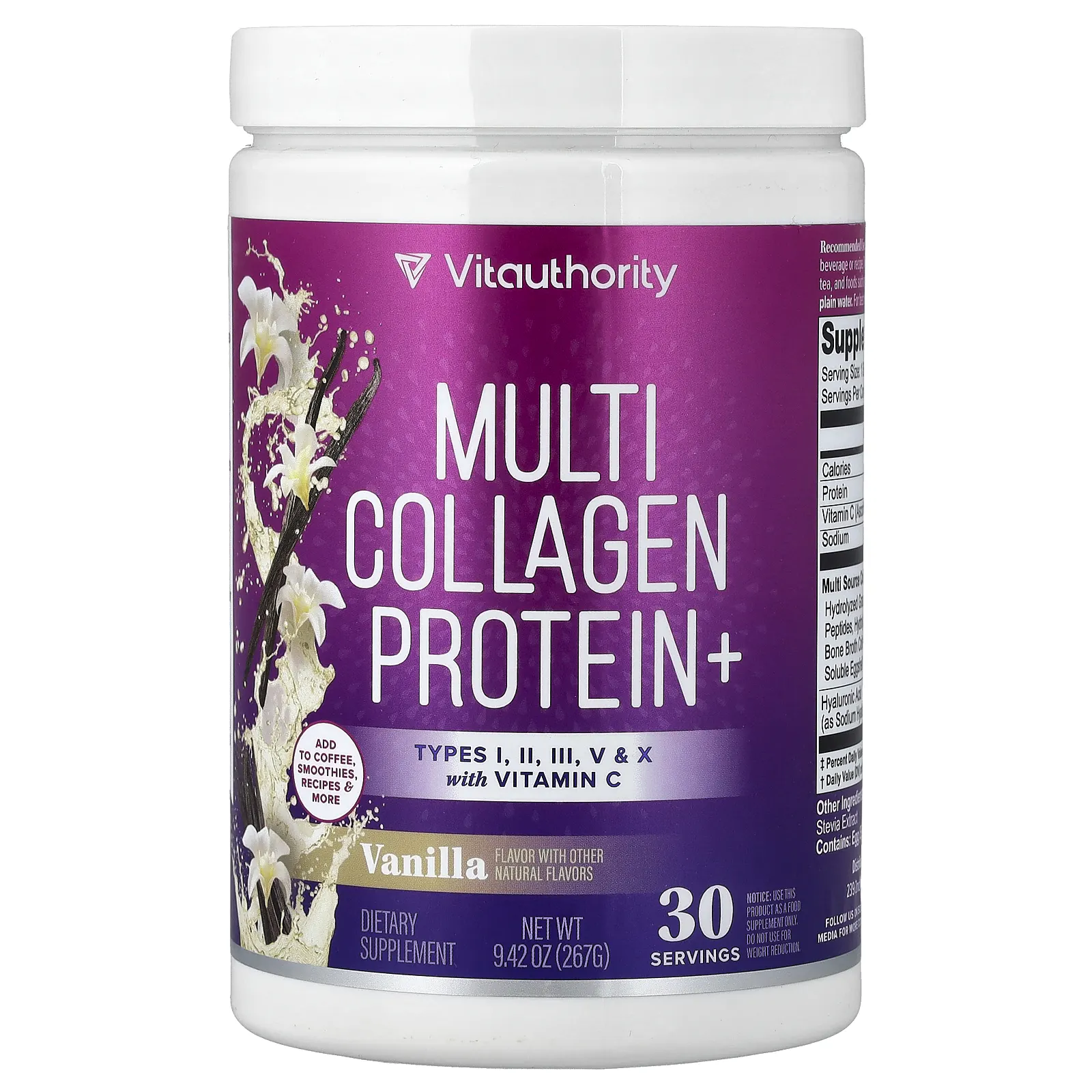 Vitauthority, Collagen Protein+, коллаген нескольких типов, с ванильным вкусом, 267 г (9,42 унции)