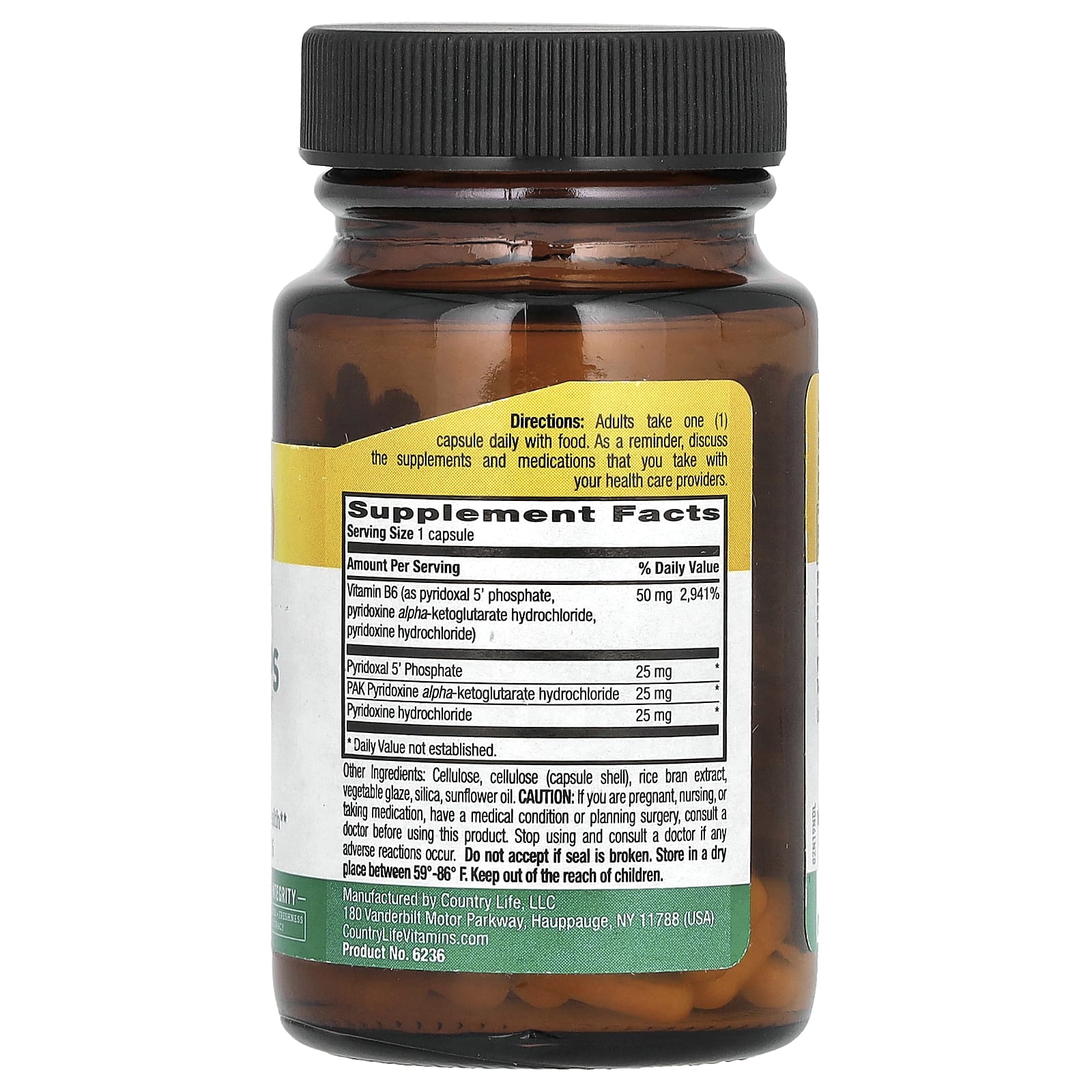Country Life, коферментный активный витамин B6 в капсулах, P-5-P/PAK, 30 вегетарианских капсул