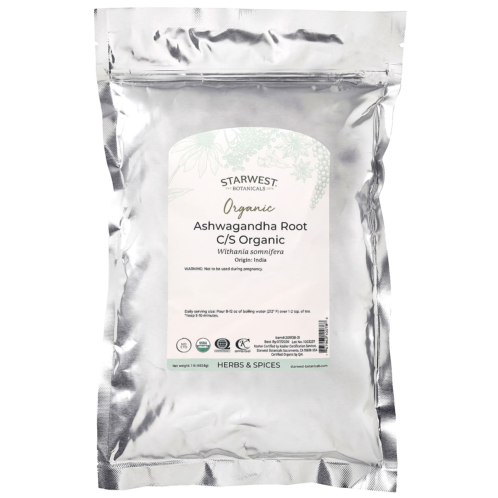 Starwest Botanicals, Органический корень ашваганды C / S, 453,6 г (1 фунт)