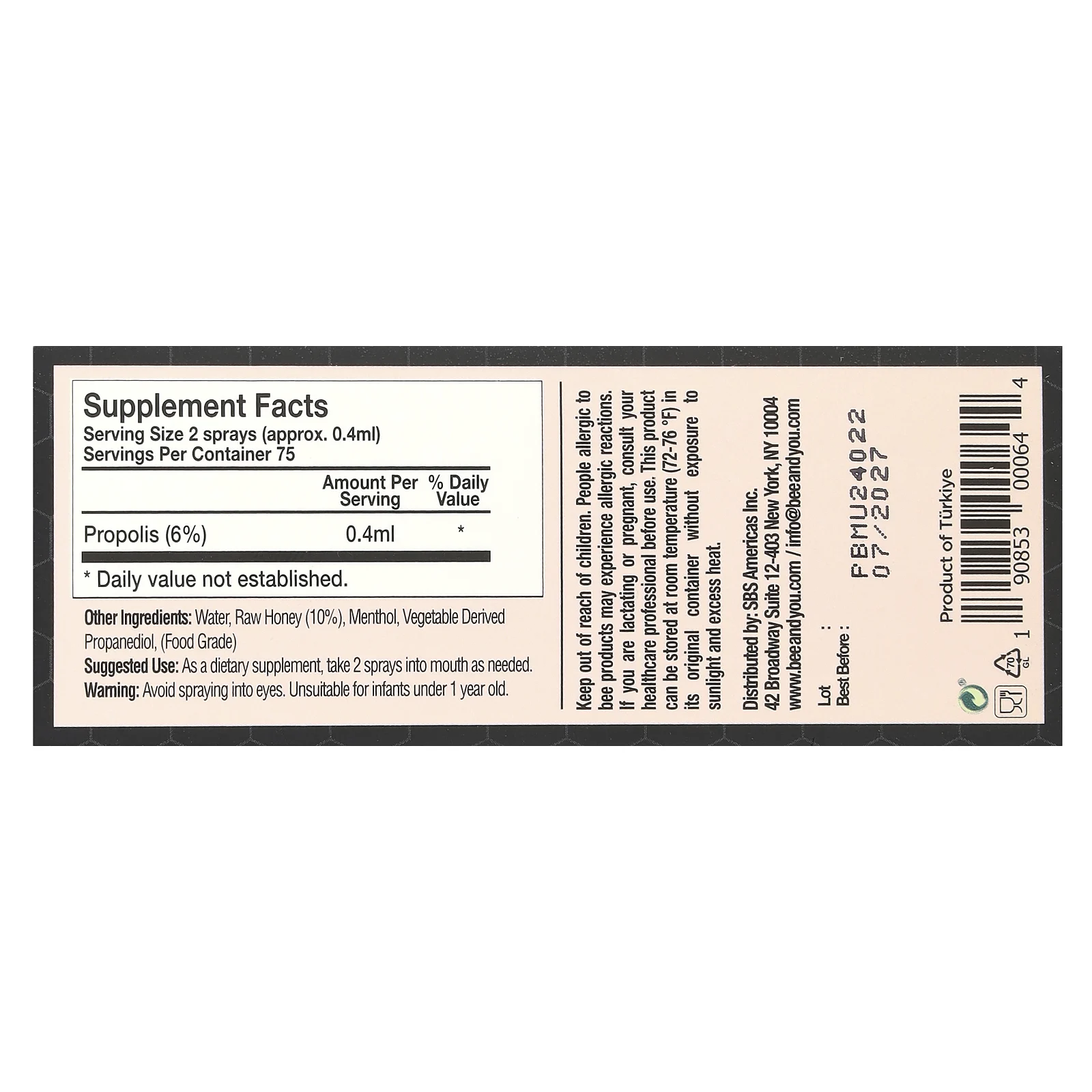 Bee&You, Спрей для горла с прополисом, необработанный мед, 30 мл (1 жидк. Унция)