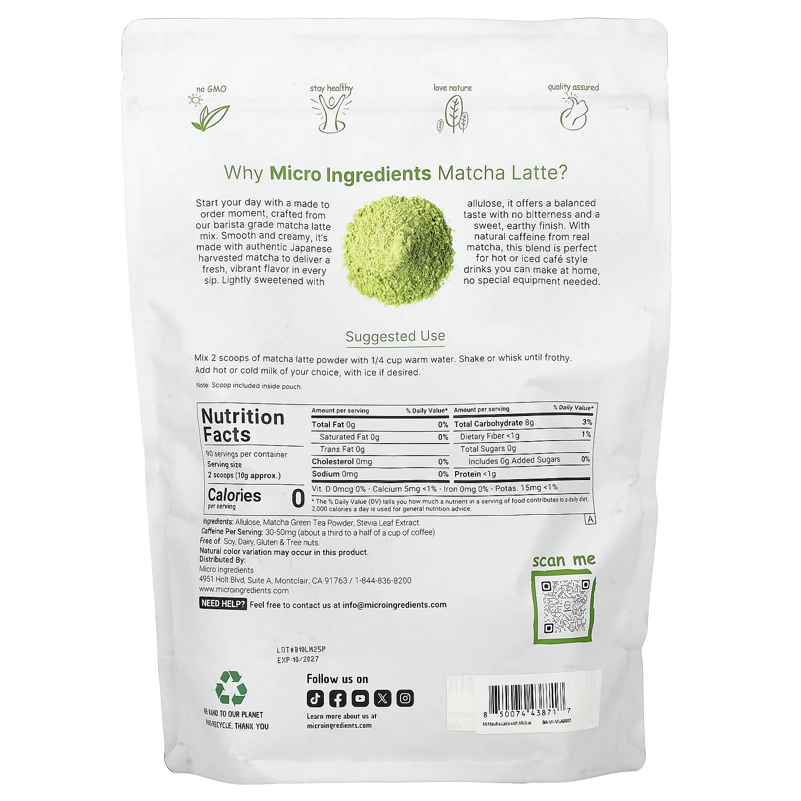 Micro Ingredients, матча латте, 907 г (2 фунта)