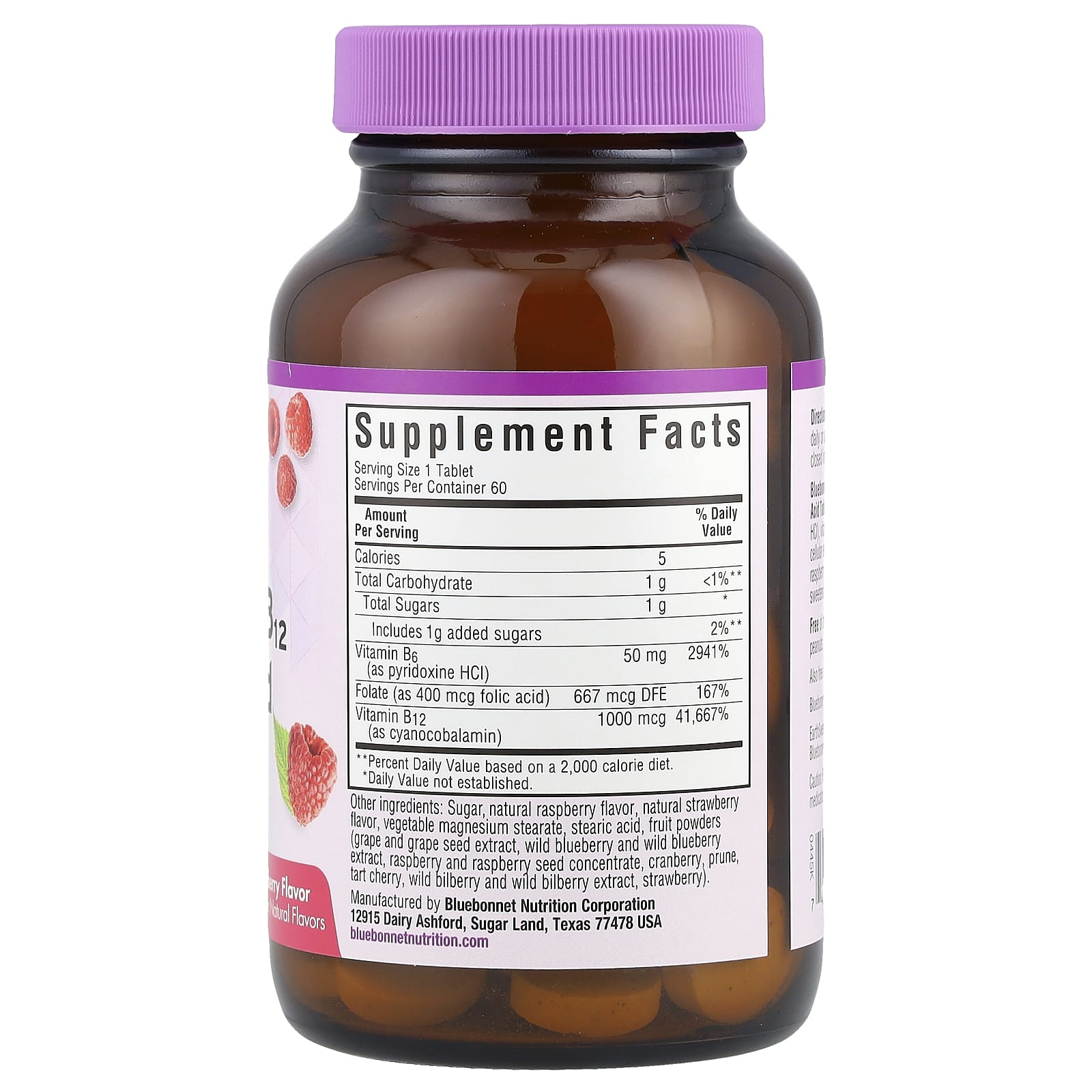 Bluebonnet Nutrition, Earth Sweet, жевательные таблетки с витаминами B6, B12 и фолиевой кислотой, со вкусом малины, 60 жевательных таблеток