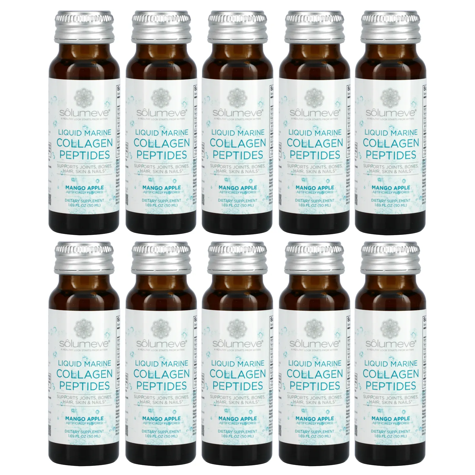 Solumeve, Ageless Beauty, жидкий морской коллаген с глюкозамином, поддержка суставов и соединительной ткани, со вкусом манго и яблока, 10 флаконов по 50 мл (1,69 жидк. унции)
