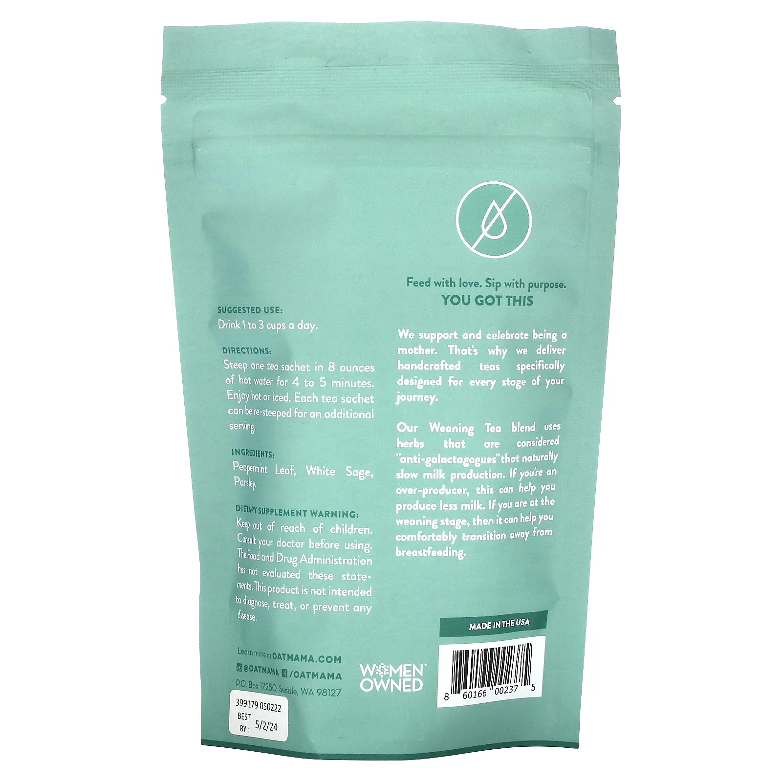 Oat Mama, чай, перечная мята, без кофеина, 14 пакетиков, 32 г