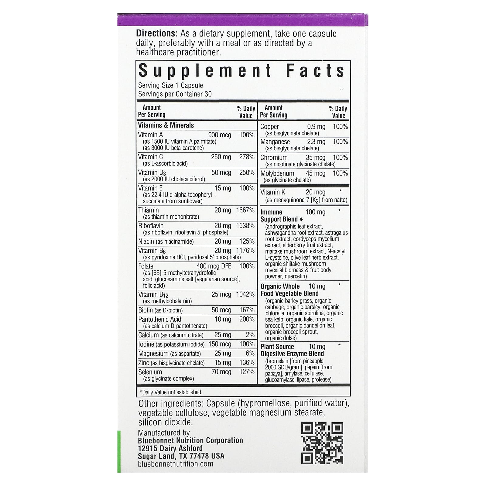 Bluebonnet Nutrition, Immune ONE, мультивитаминная добавка на основе цельных продуктов, 30 растительных капсул