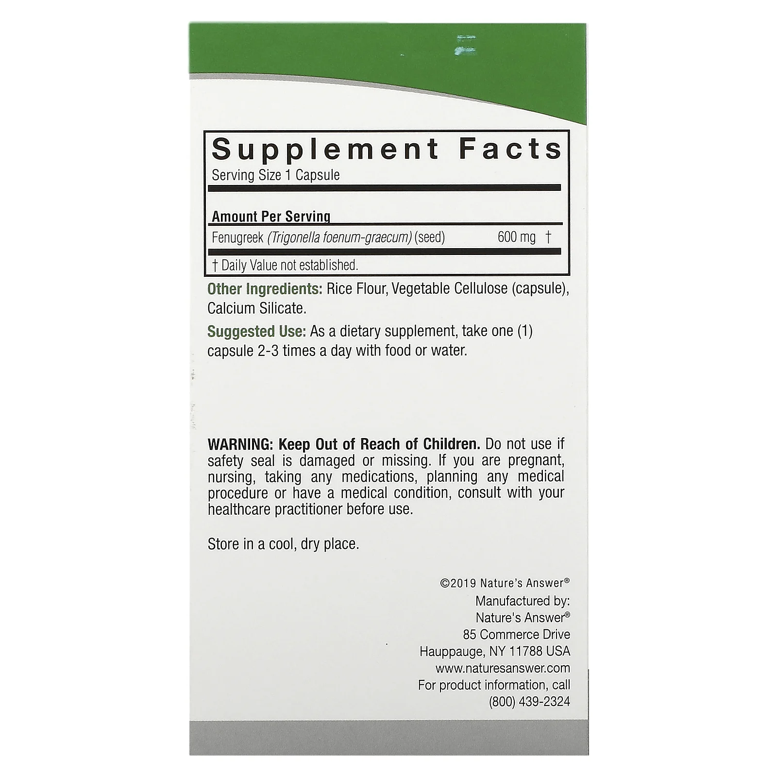 Nature's Answer, Пажитник, 600 мг, 90 вегетарианских капсул