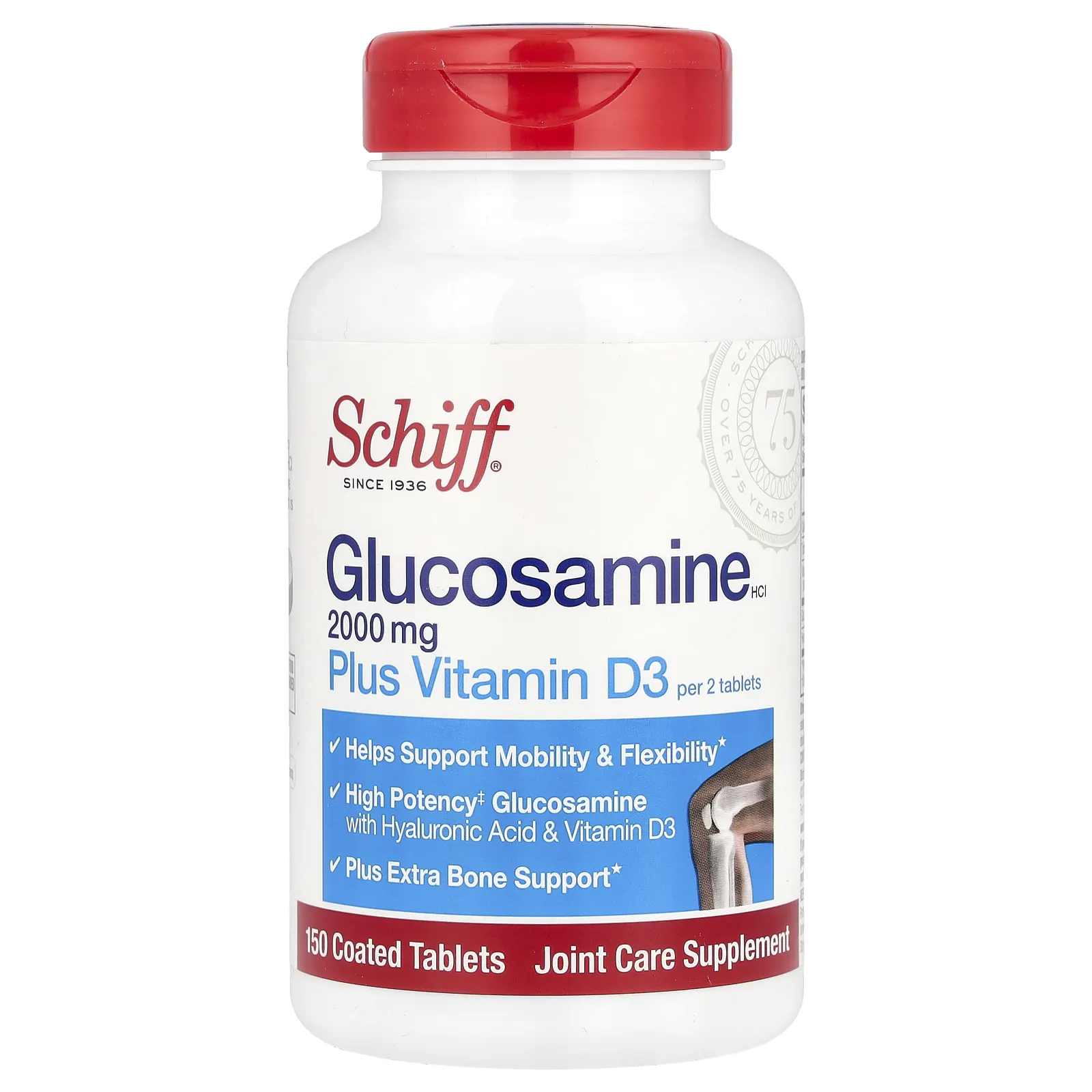 Schiff, глюкозамина гидрохлорид, с витамином D3, 2000 мг, 150 таблеток, покрытых оболочкой (1000 мг в 1 таблетке)