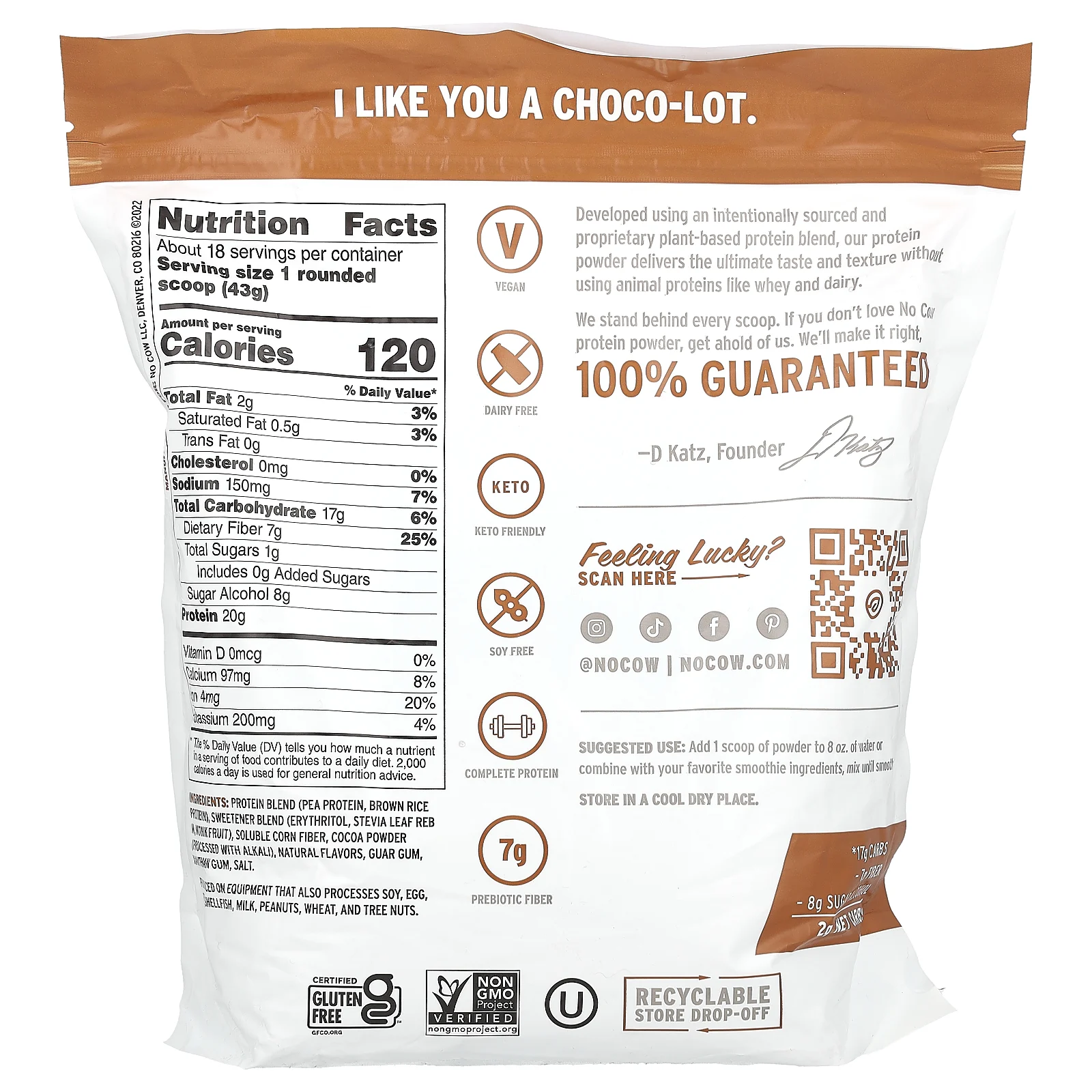 No Cow, протеиновый порошок, со вкусом шоколада, 774 г (1,7 фунта)