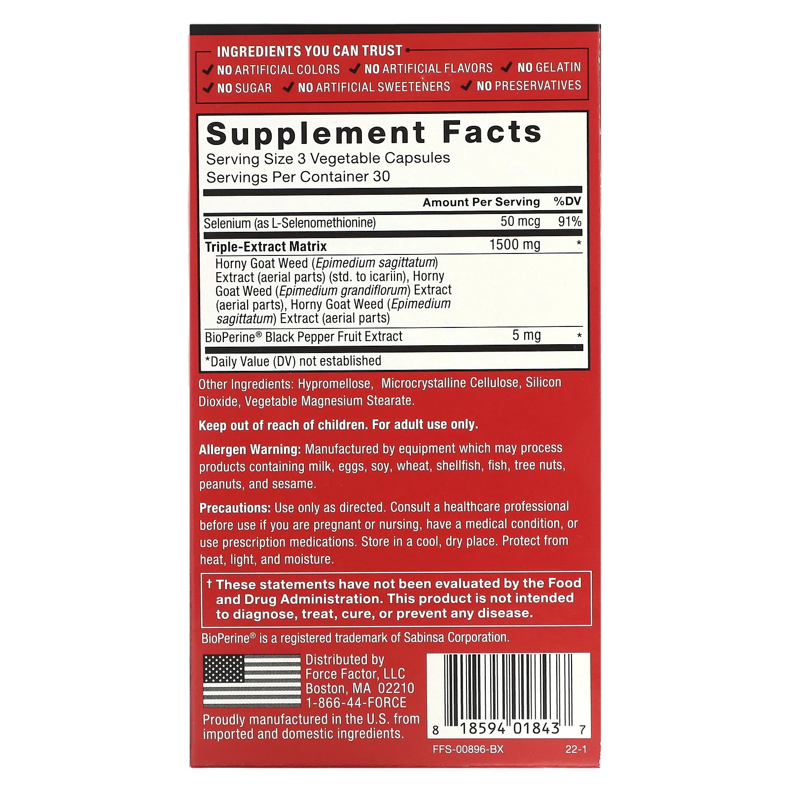 Force Factor, Fundamentals, горянка крупноцветковая, 1500 мг, 90 вегетарианских капсул (500 мг в 1 капсуле)