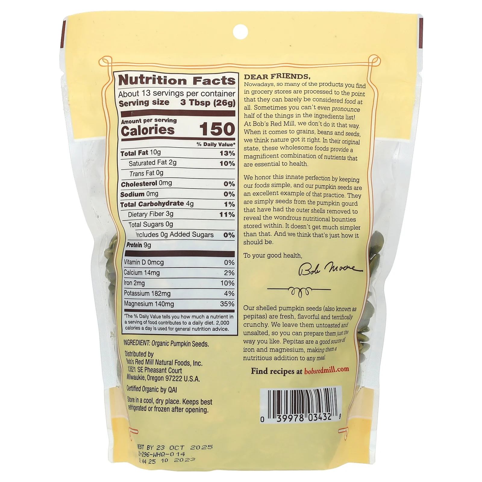 Bob's Red Mill, органические очищенные тыквенные семечки, 340 г (12 унций)