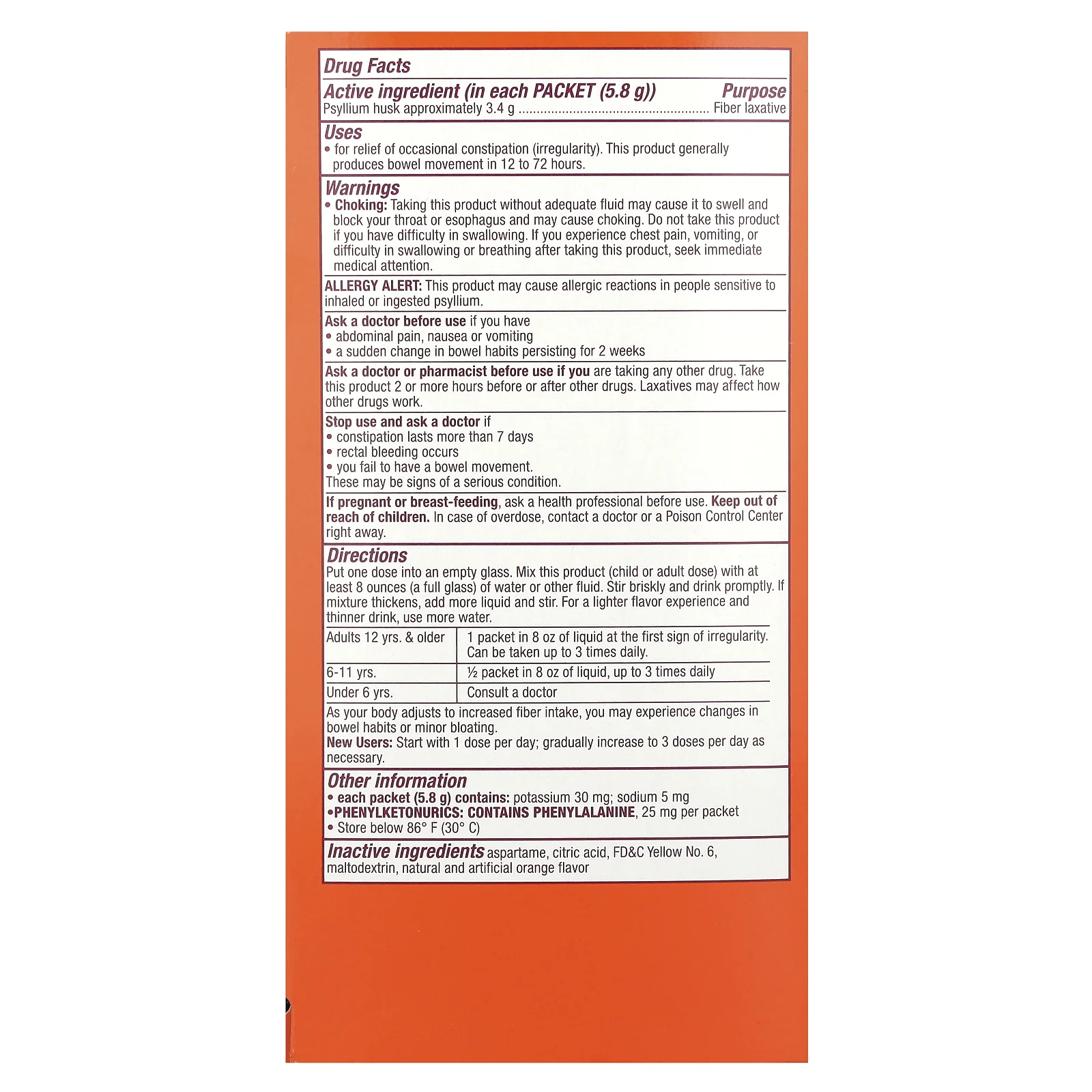 Metamucil, On-The-Go, клетчатка 4 в 1, без сахара, апельсин, 30 пакетиков с порошком по 5,8 г (0,21 унции)