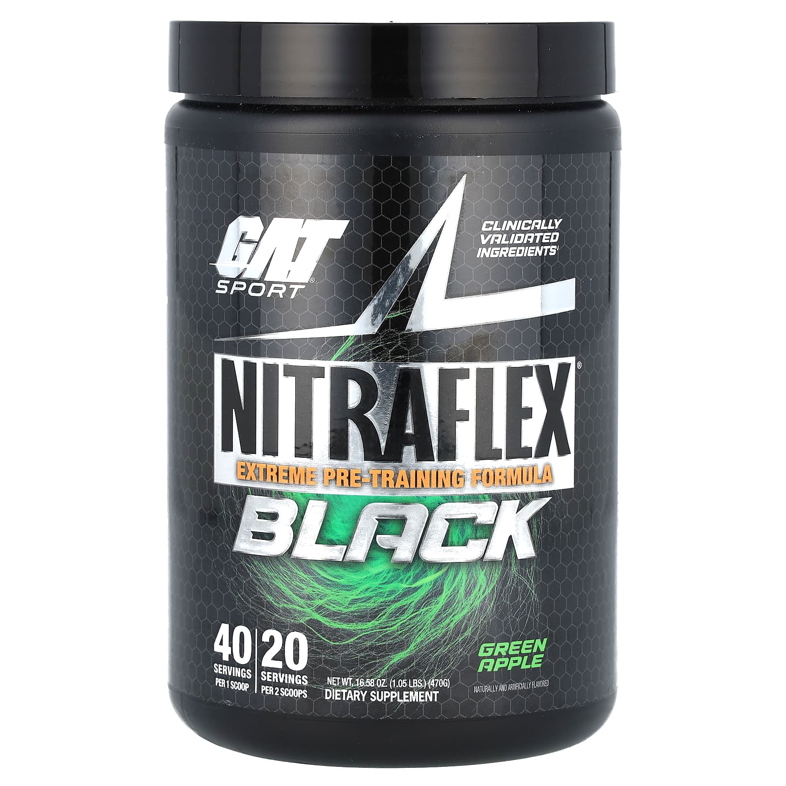 GAT, Sport, NITRAFLEX, черное, зеленое яблоко, 470 г (1,05 фунта)