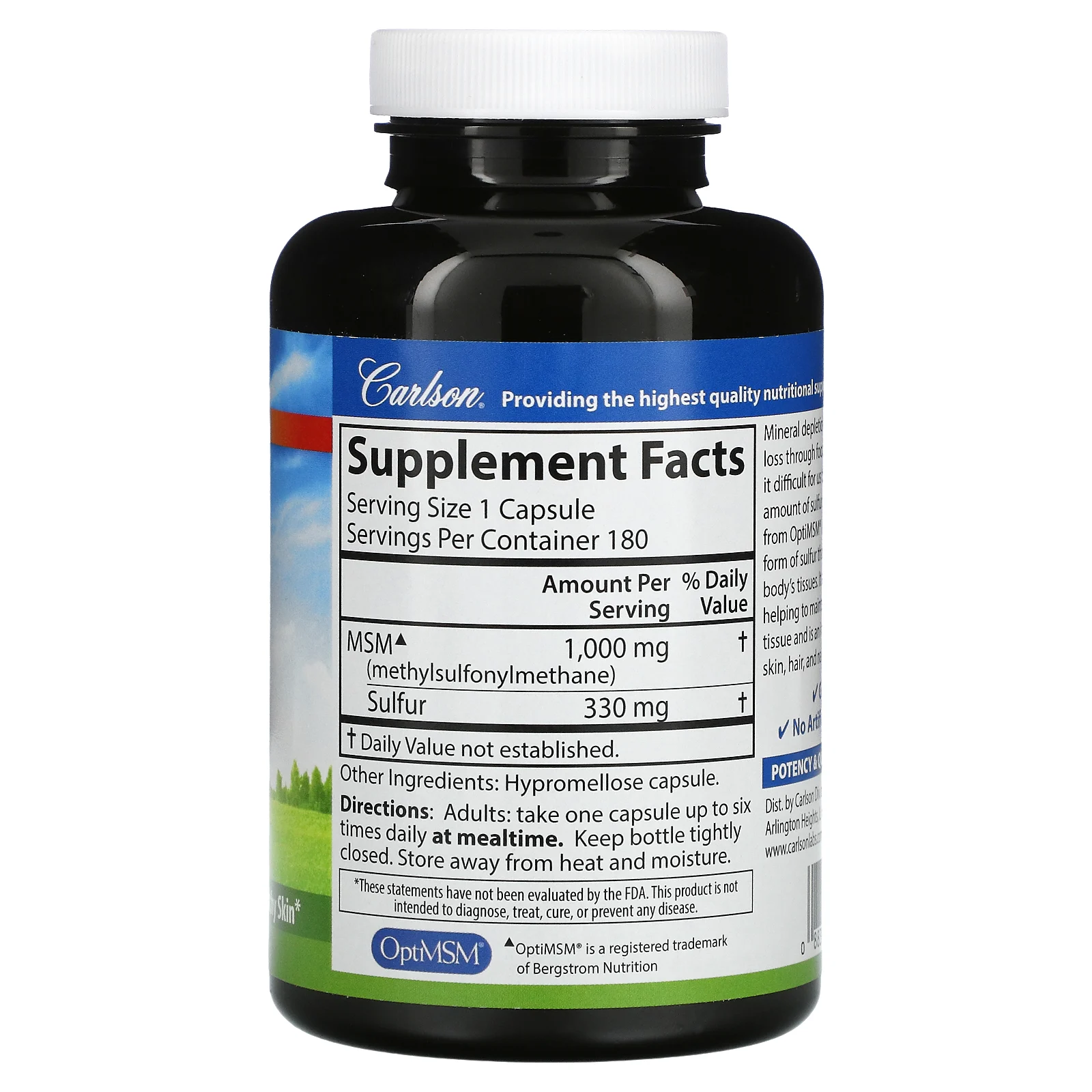 Carlson, МСМ и сера, 1000 мг, 180 вегетарианских капсул