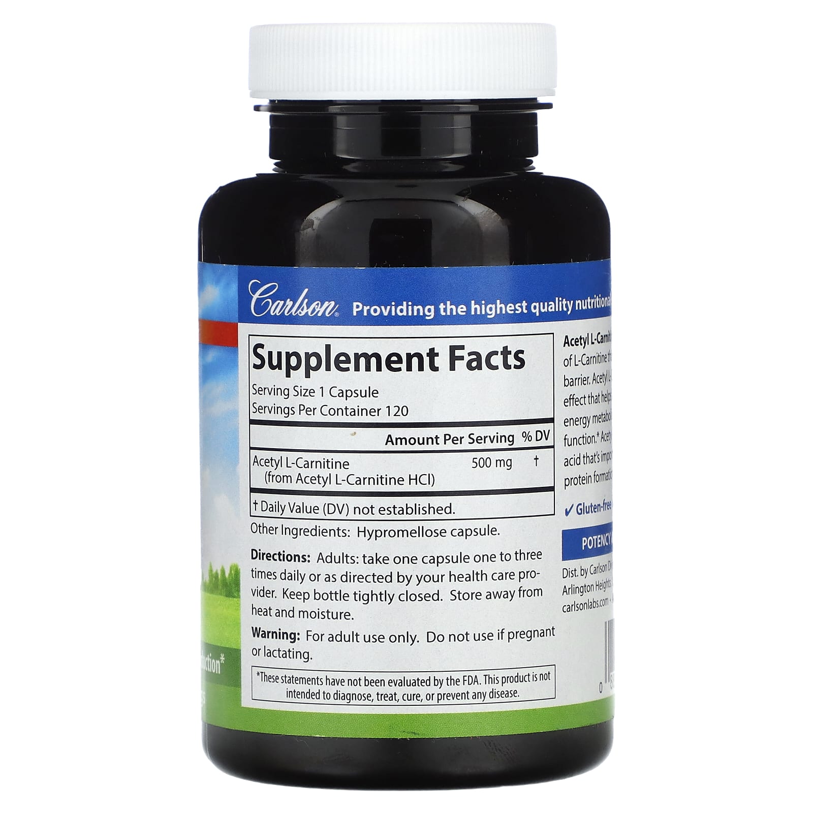 Carlson, ацетил L-карнитин, 500 мг, 120 вегетарианских капсул