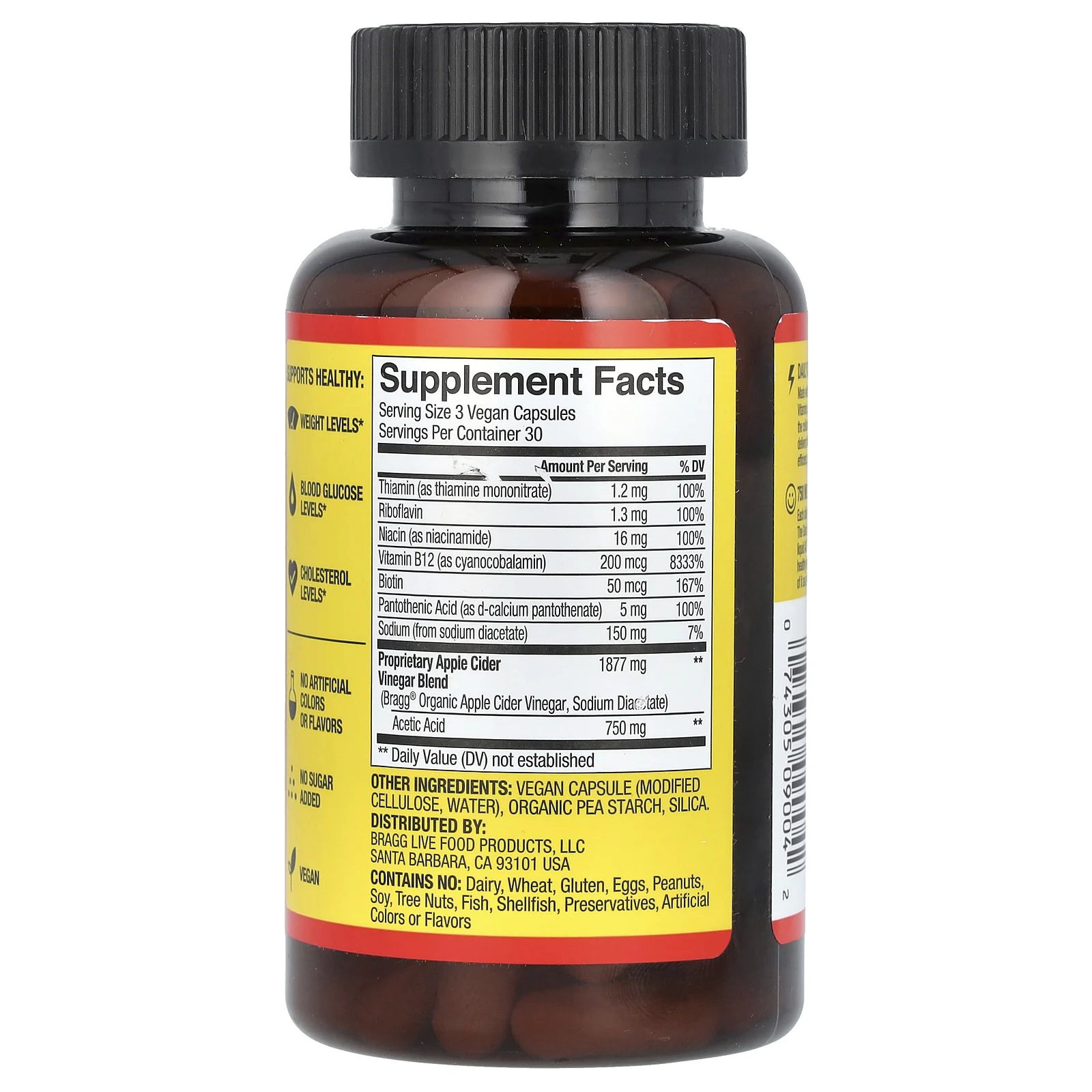 Bragg, True Energy, яблочный уксус, 6 витаминов группы B, без кофеина, 90 капсул