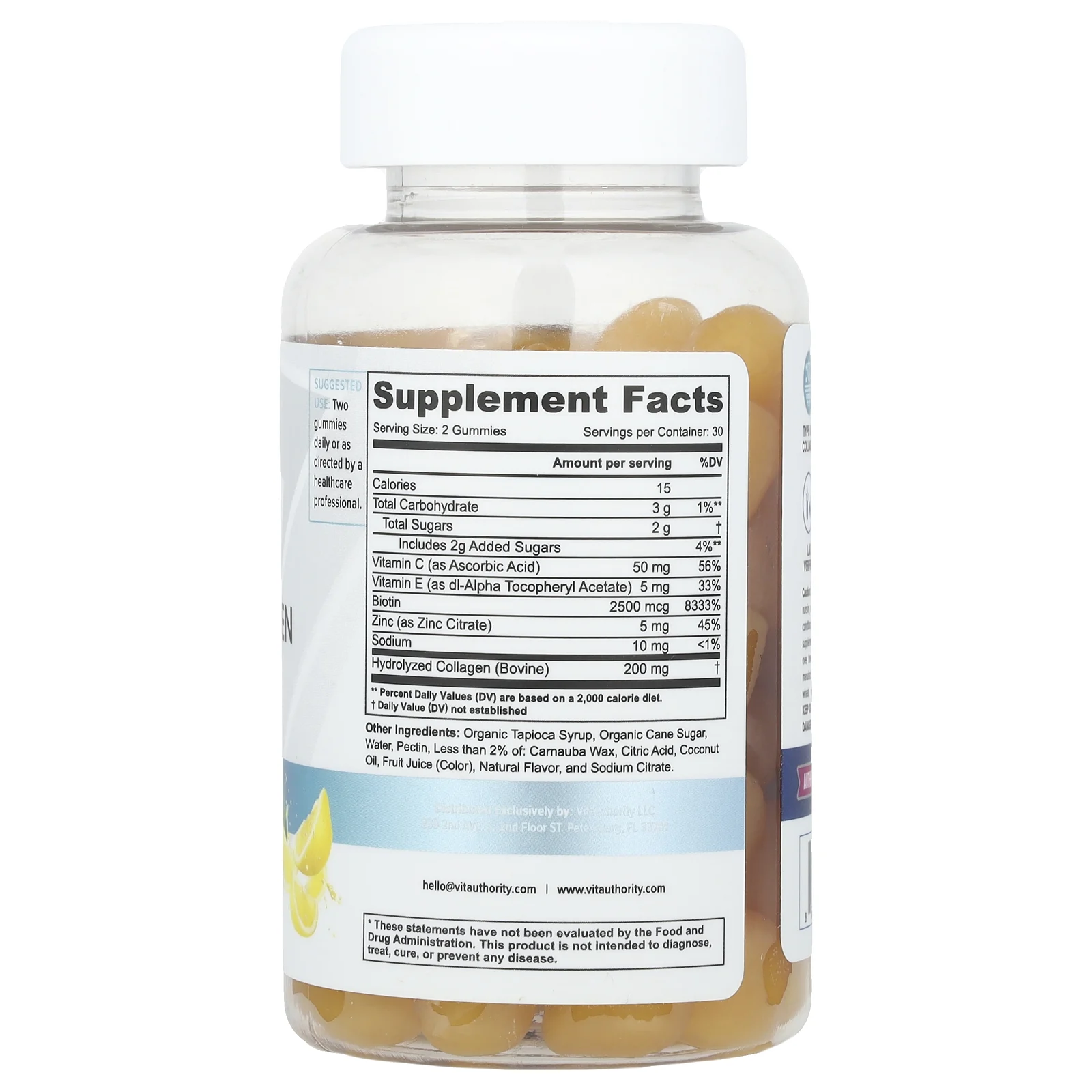 Vitauthority, Жевательные мармеладки с суперколлагеном с биотином и витамином C, лимон, 60 жевательных таблеток