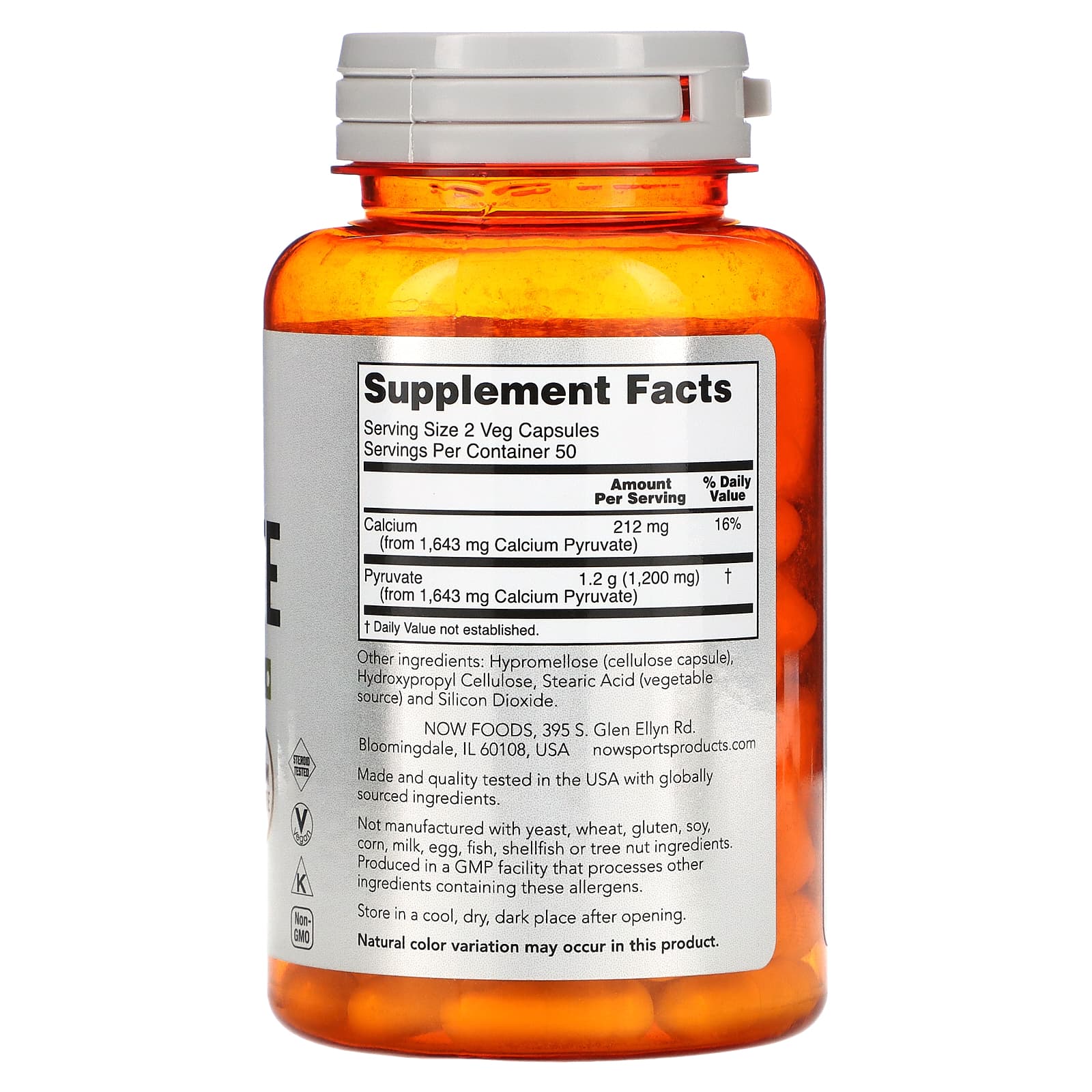 NOW Foods, Sports, пируват, 600 мг, 100 растительных капсул (300 мг в 1 капсуле)