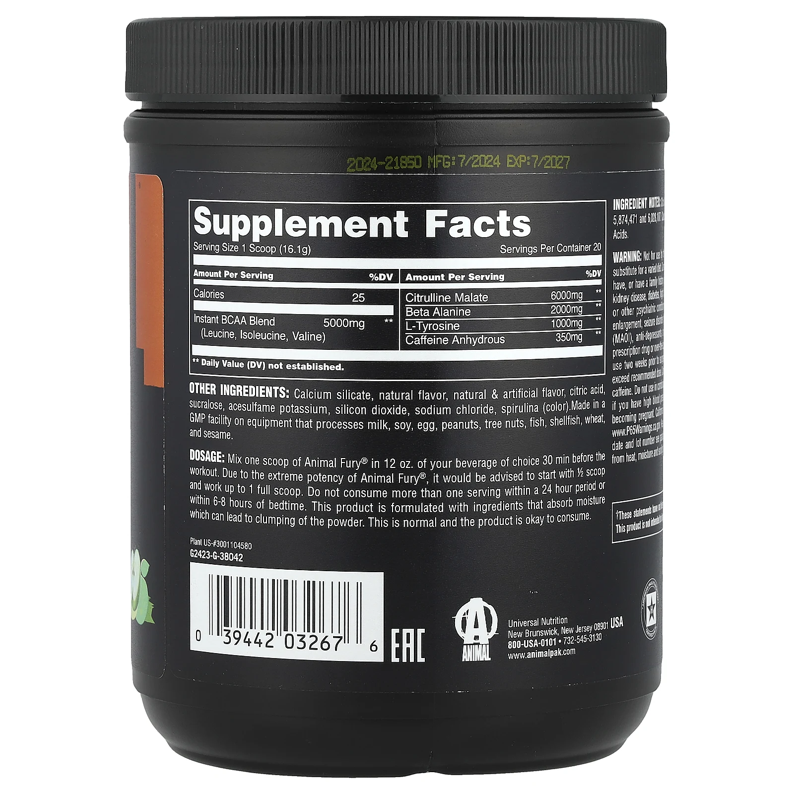 Animal, Fury® Essentials, перед тренировкой, зеленое яблоко, 322 г (11,3 унции)