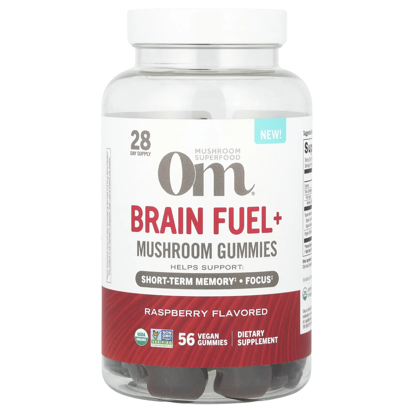 Om Mushrooms, Brain Fuel+, жевательные грибы, со вкусом малины, 56 веганских жевательных таблеток