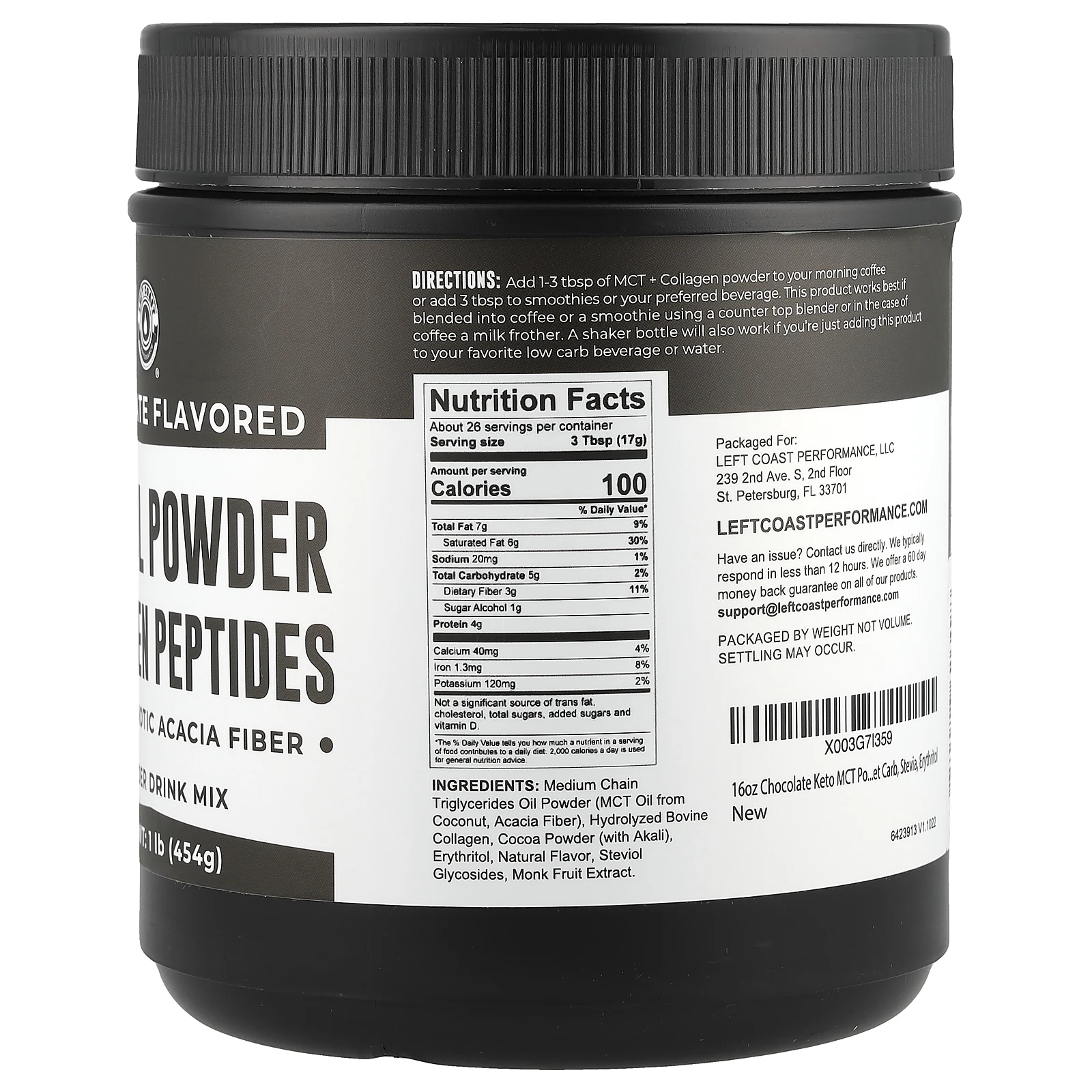 Left Coast Performance, Пептиды коллагена в виде масляного порошка MCT с пребиотической клетчаткой акации, шоколад, 454 г (1 фунт)