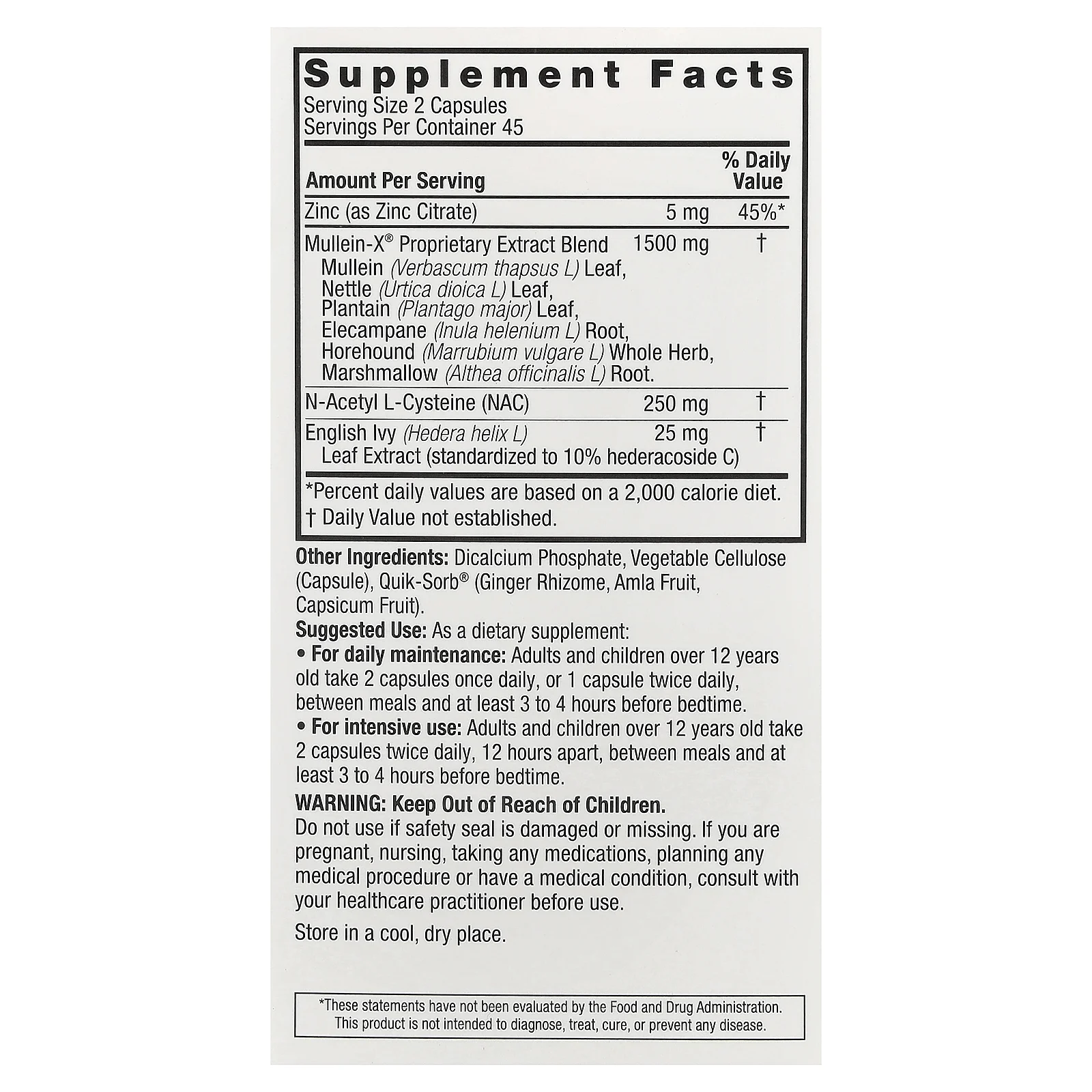 Nature's Answer, MulleinX® Respiratory, NAC и цинк, 90 вегетарианских капсул