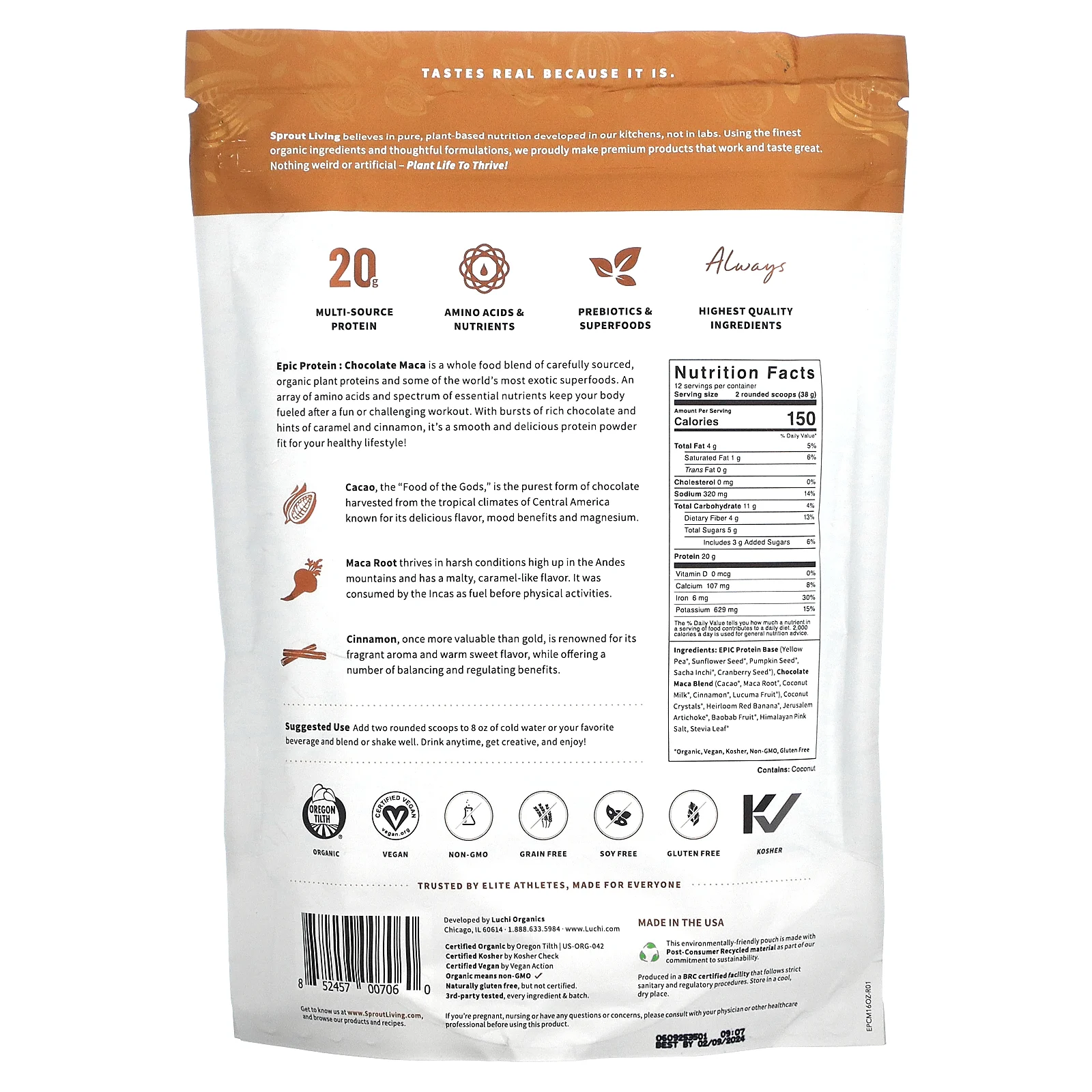 Sprout Living, Epic Protein, органический растительный протеин и суперпродукты, шоколад и мака, 455 г (1 фунт)