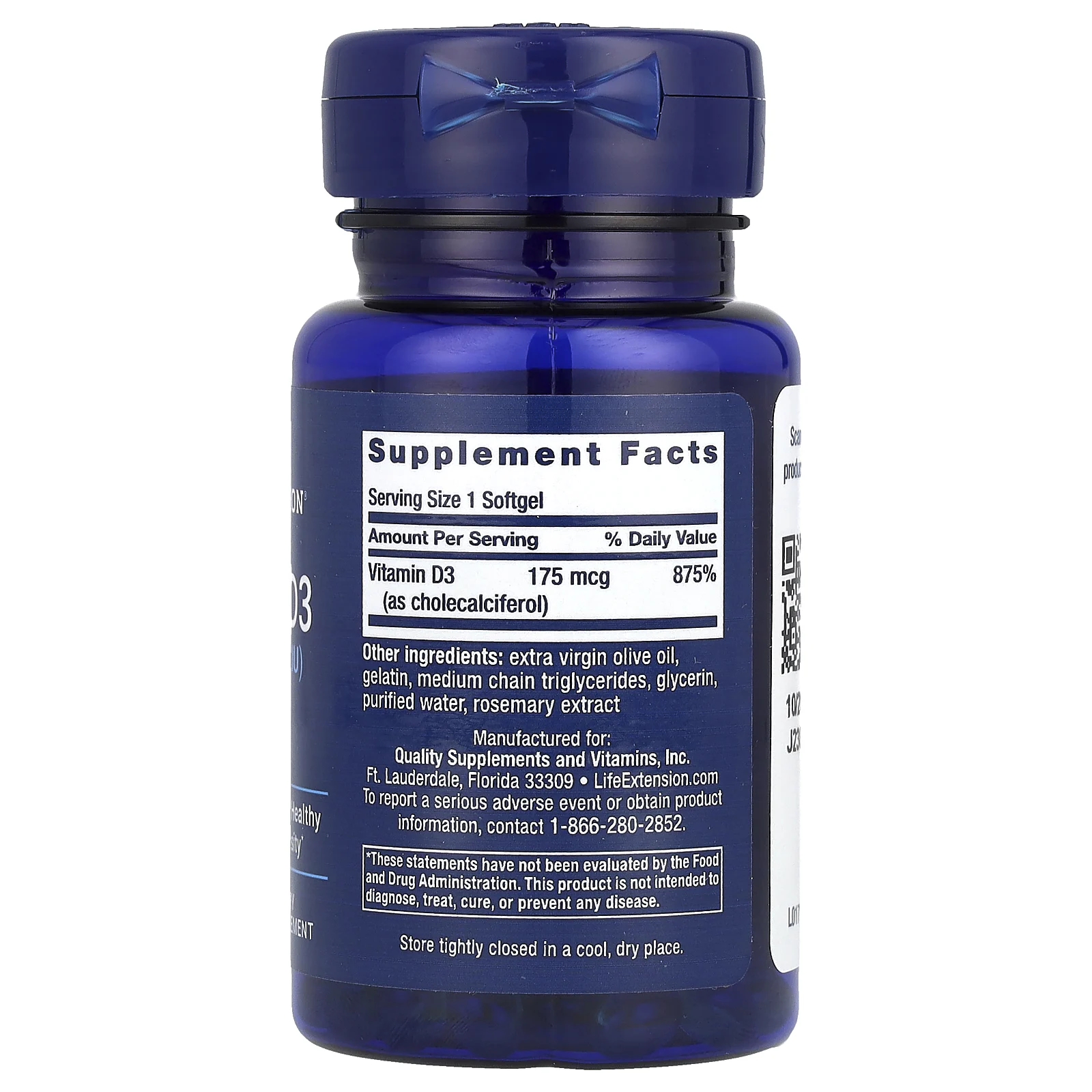 Life Extension, витамин D3, 175 мкг (7000 МЕ), 60 мягких таблеток