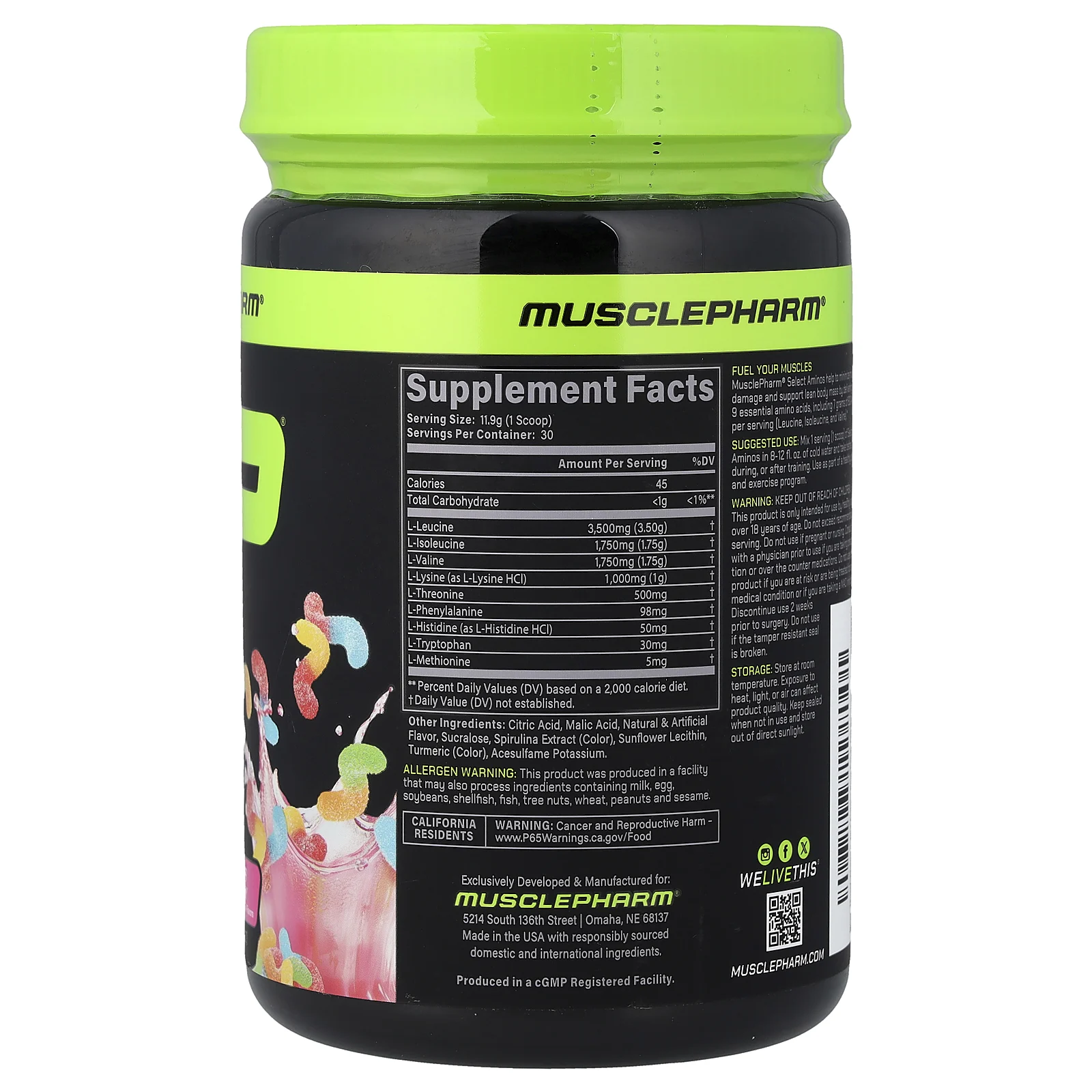 MusclePharm, Select Aminos, аминокислоты, кислые конфеты, 355 г (12,5 унции)
