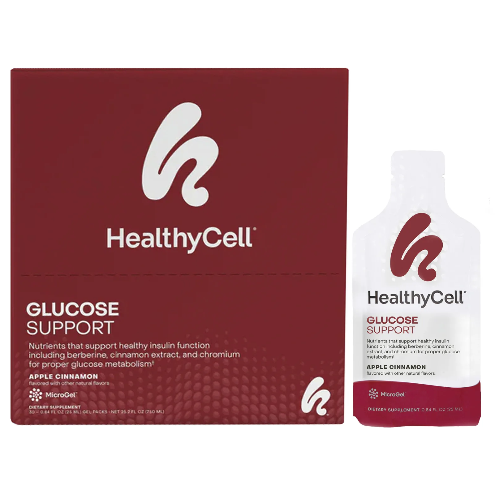 HealthyCell, Glucose Support, средство для поддержки уровня глюкозы в крови, яблоко и корица, 30 пакетиков с гелем, 25 мл (0,84 жидк. унции)