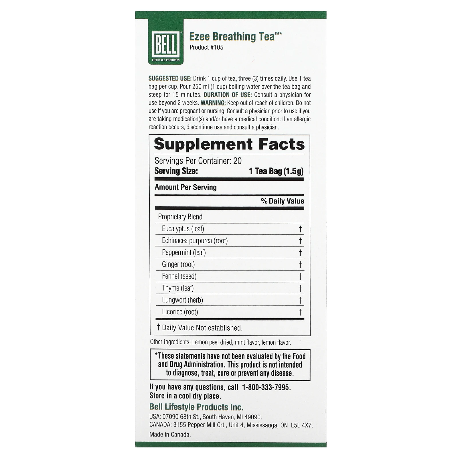 Bell Lifestyle, Ezee Breathing Tea, успокаивающая травяная смесь, 20 чайных пакетиков по 1,5 г