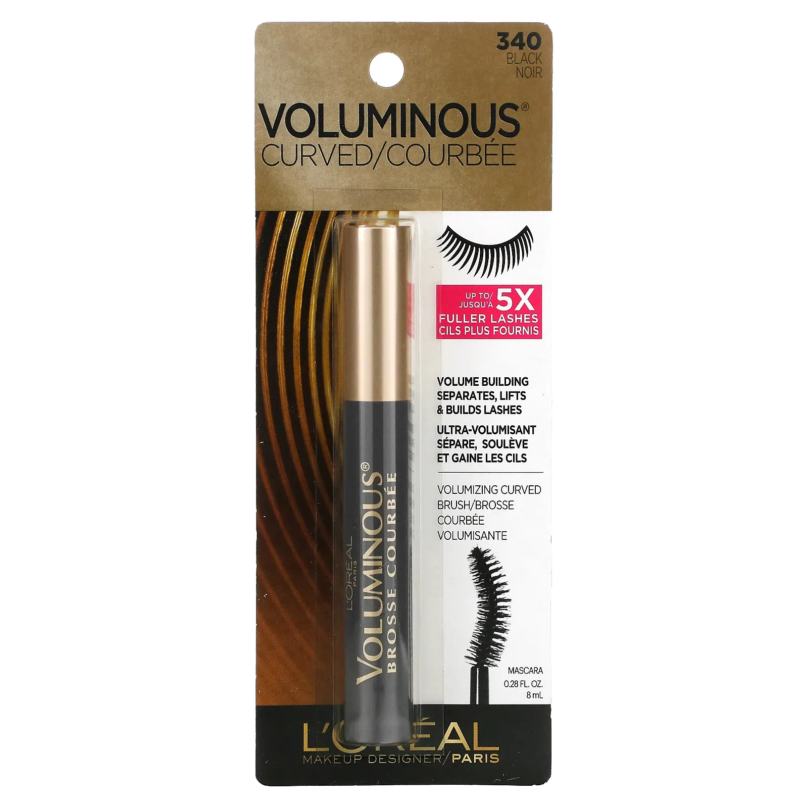L'Oréal, Voluminous Curved, тушь для ресниц, оттенок 340 черный, 8 мл (0,28 жидк. унции)