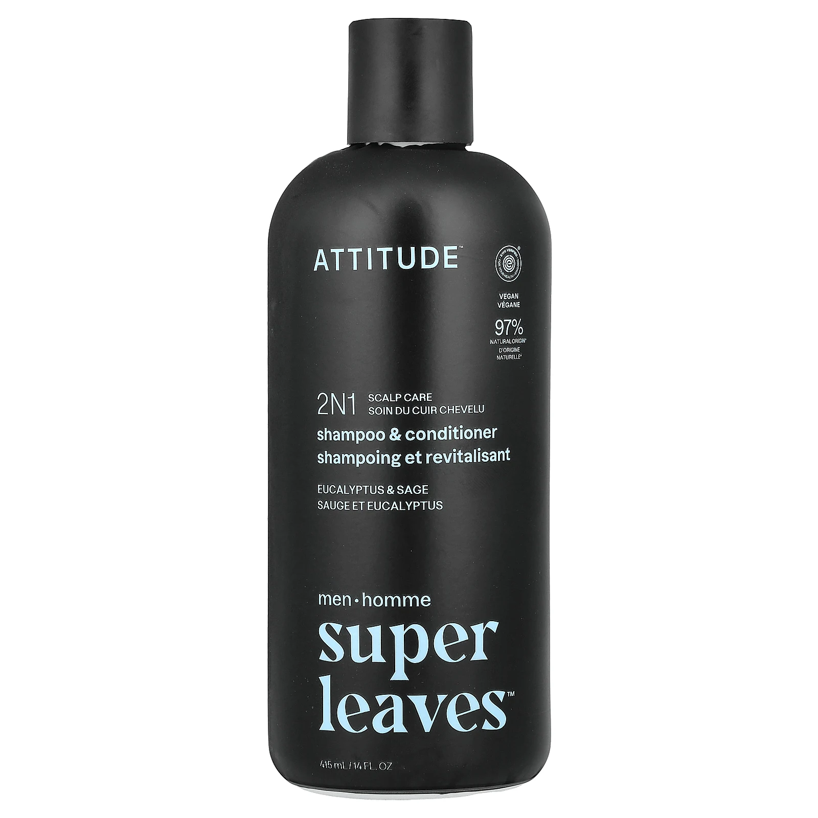 ATTITUDE, Super Leaves™, 2N1, шампунь и кондиционер для кожи головы, для мужчин, эвкалипт и шалфей, 415 мл (14 жидк. унций)