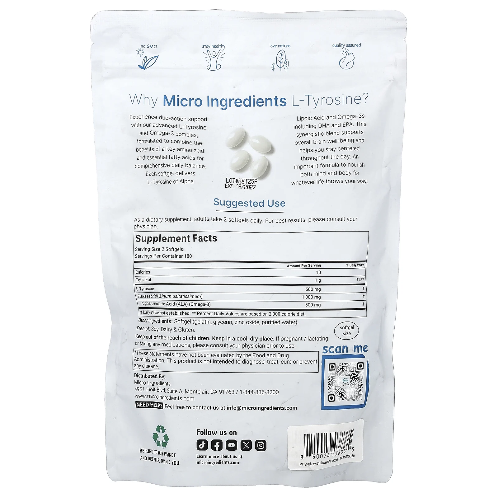 Micro Ingredients, L-тирозин, 360 капсул