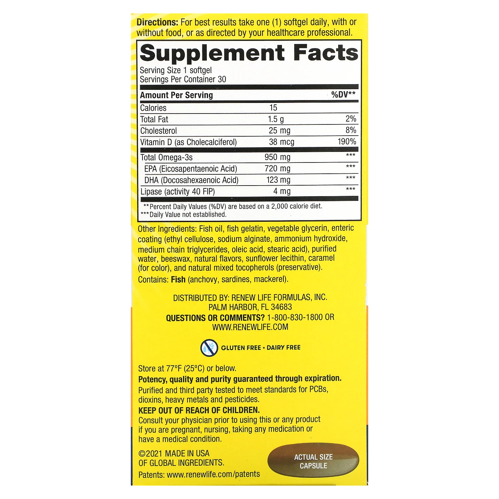 Renew Life, Рыбий жир с омега-3 Norwegian Gold, 1045 мг, 30 мягких таблеток с кишечнорастворимой оболочкой