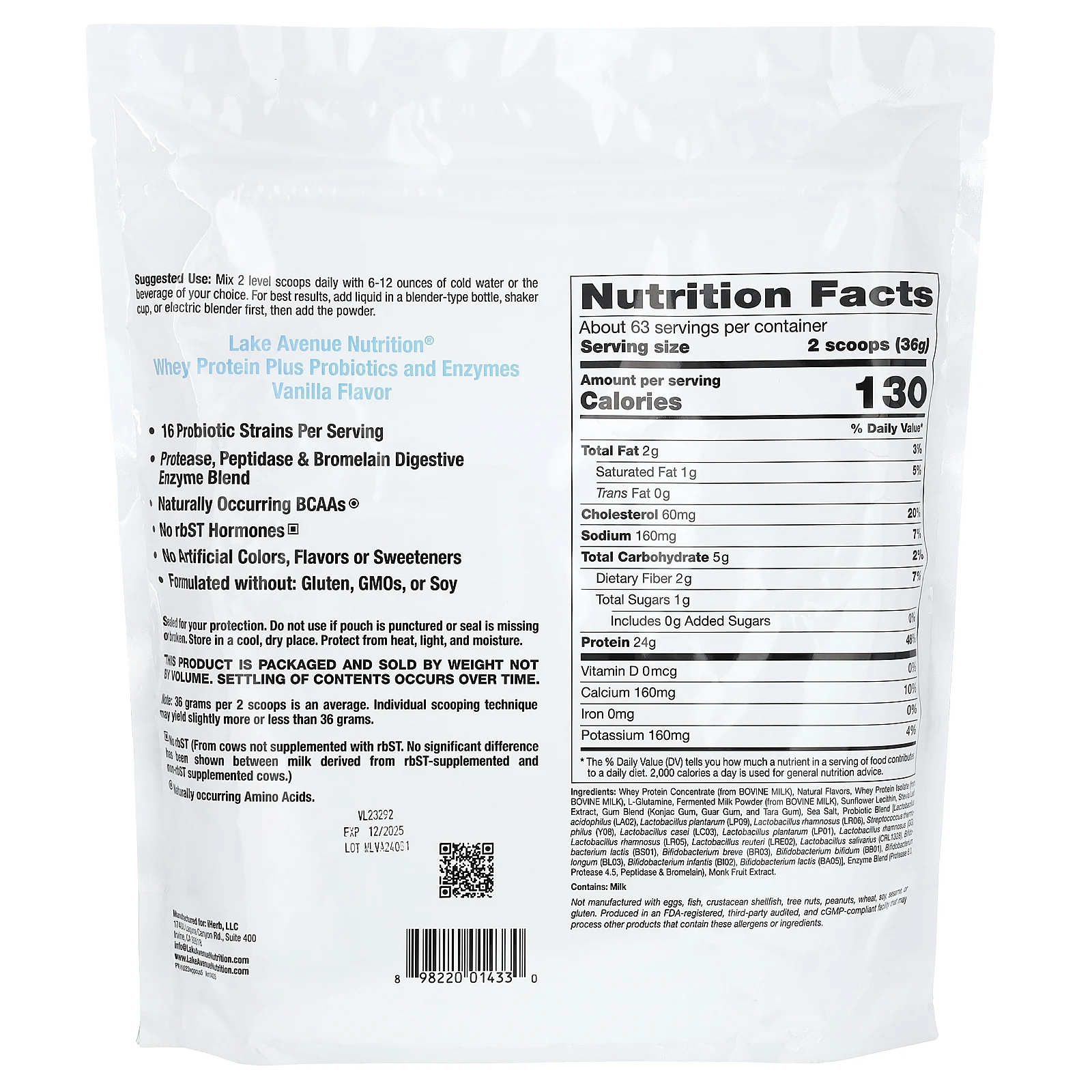 Lake Avenue Nutrition, Сывороточный протеин с пробиотиками, со вкусом ванили, 2,27 кг (5 фунтов)