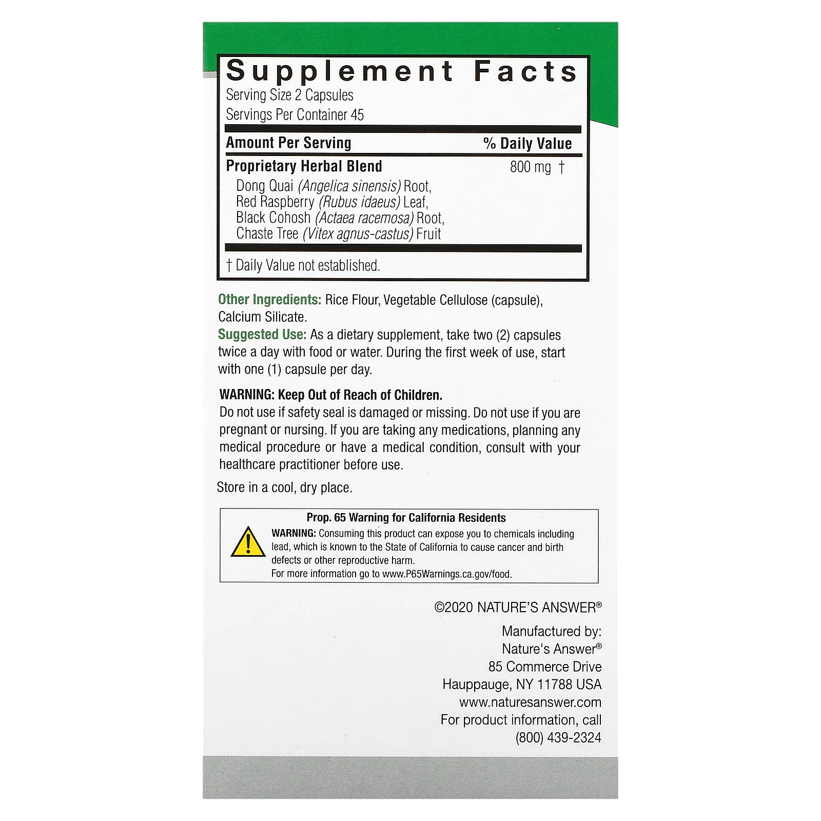 Nature's Answer, комплекс для женщин, смесь трав, 800 мг, 90 вегетарианских капсул (400 мг в 1 капсуле)