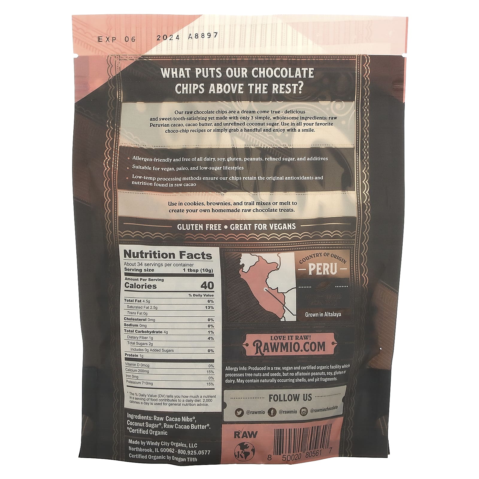 Rawmio, Органические шоколадные крошки, 70% сырого какао, 0,75 фунта (12 унций)