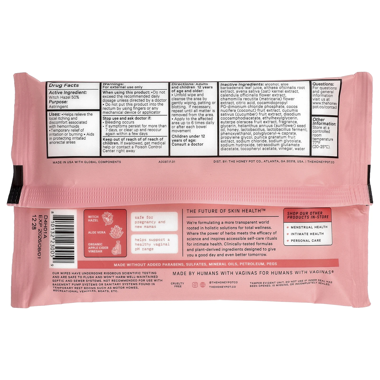 The Honey Pot Company, Успокаивающие салфетки от геморроя, максимальная сила действия, 20 салфеток