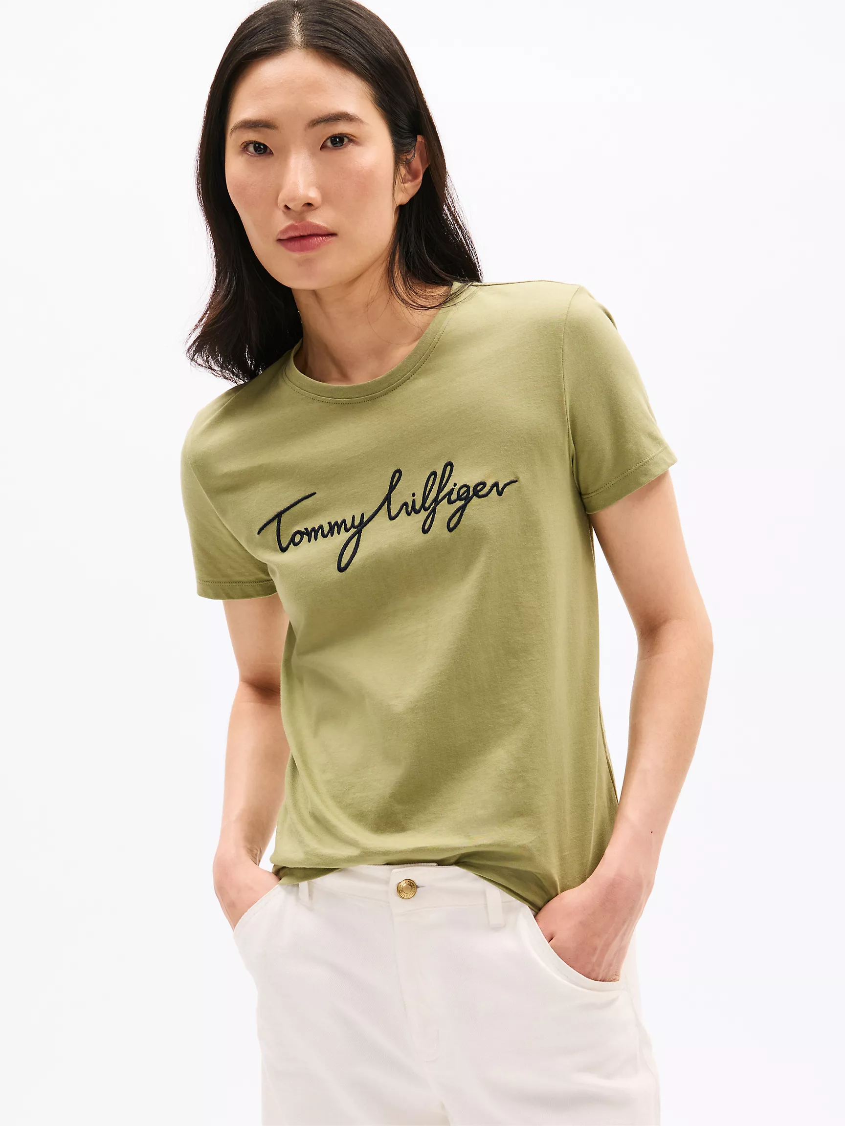 Женская футболка Tommy Hilfiger, Фирменная футболка с круглым вырезом и вышивкой