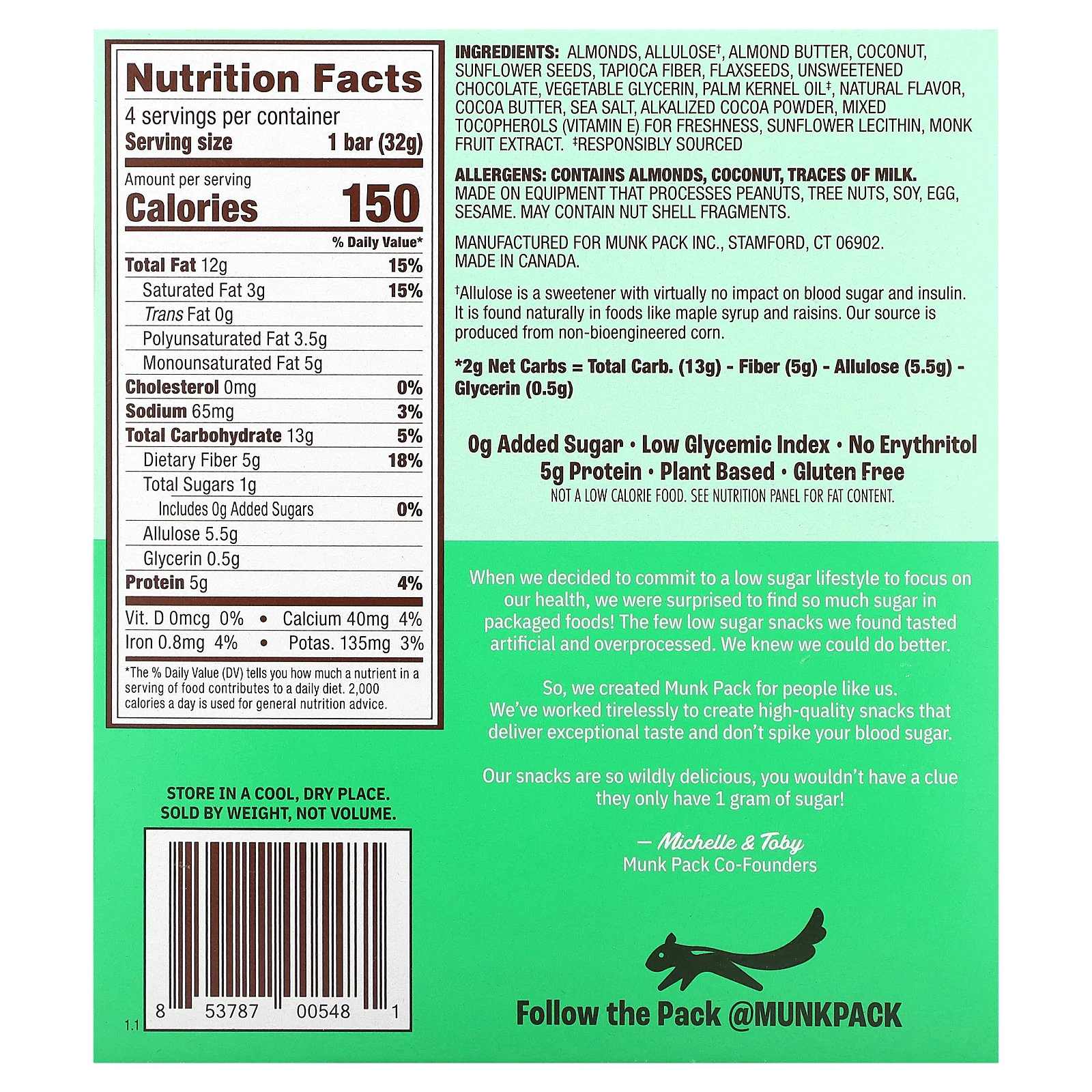 Munk Pack, жевательный батончик-мюсли, миндальная паста и шоколадная крошка, 4 батончика по 32 г (1,12 унции)