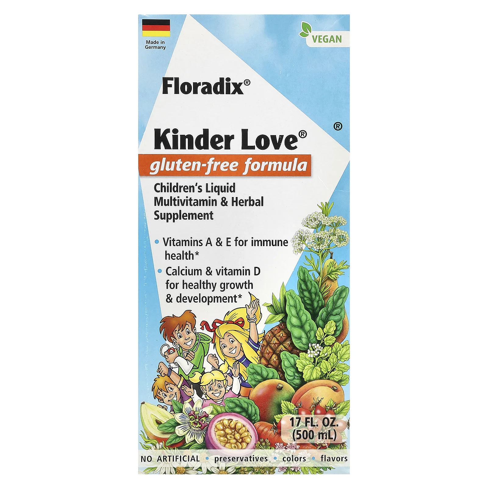 Floradix, Kinder Love, жидкая мультивитаминная и травяная добавка для детей, без глютена, 500 мл (17 жидк. Унций)