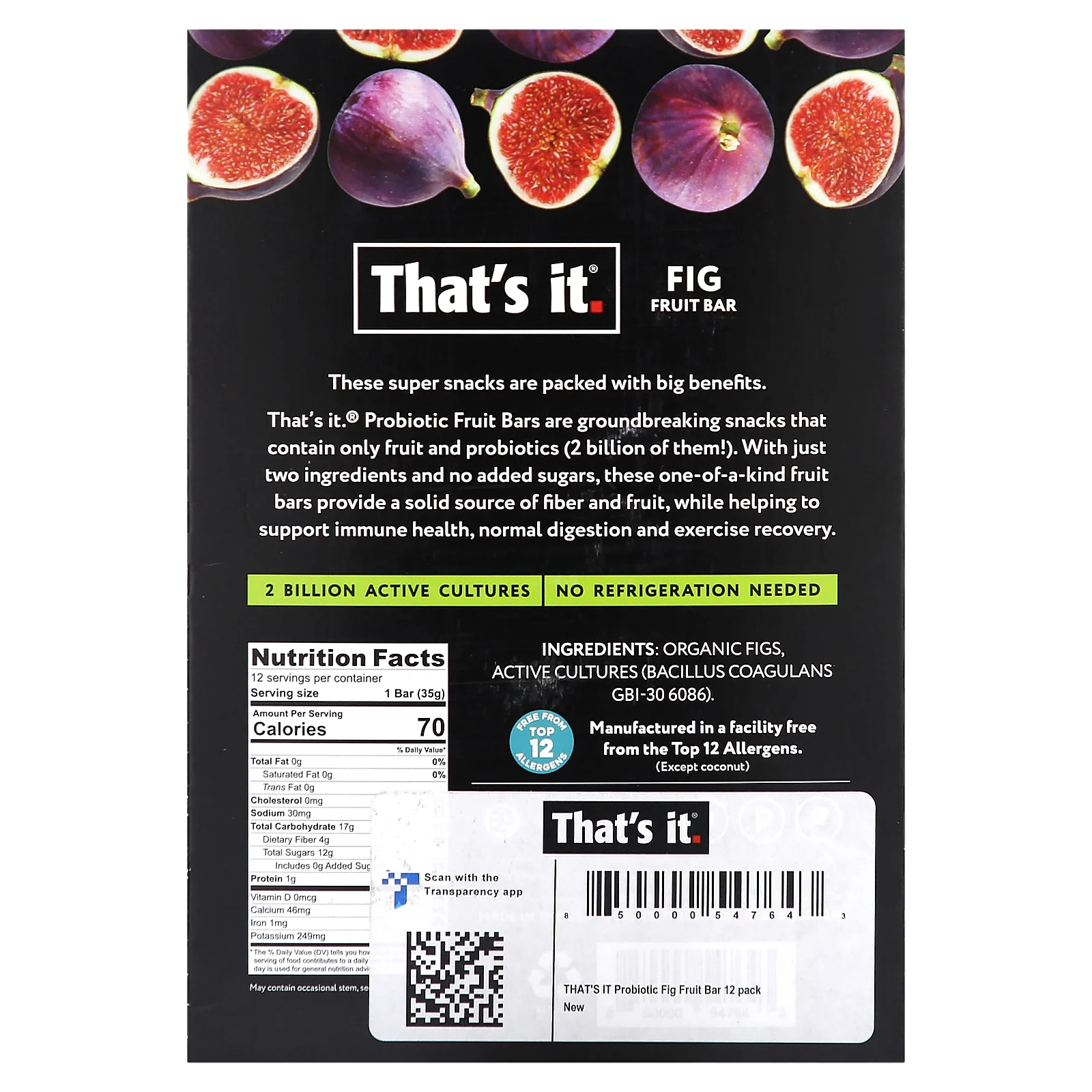 That's It, фруктовый батончик с пребиотиками и пробиотиками, инжир, 12 батончиков по 35 г (1,2 унции)