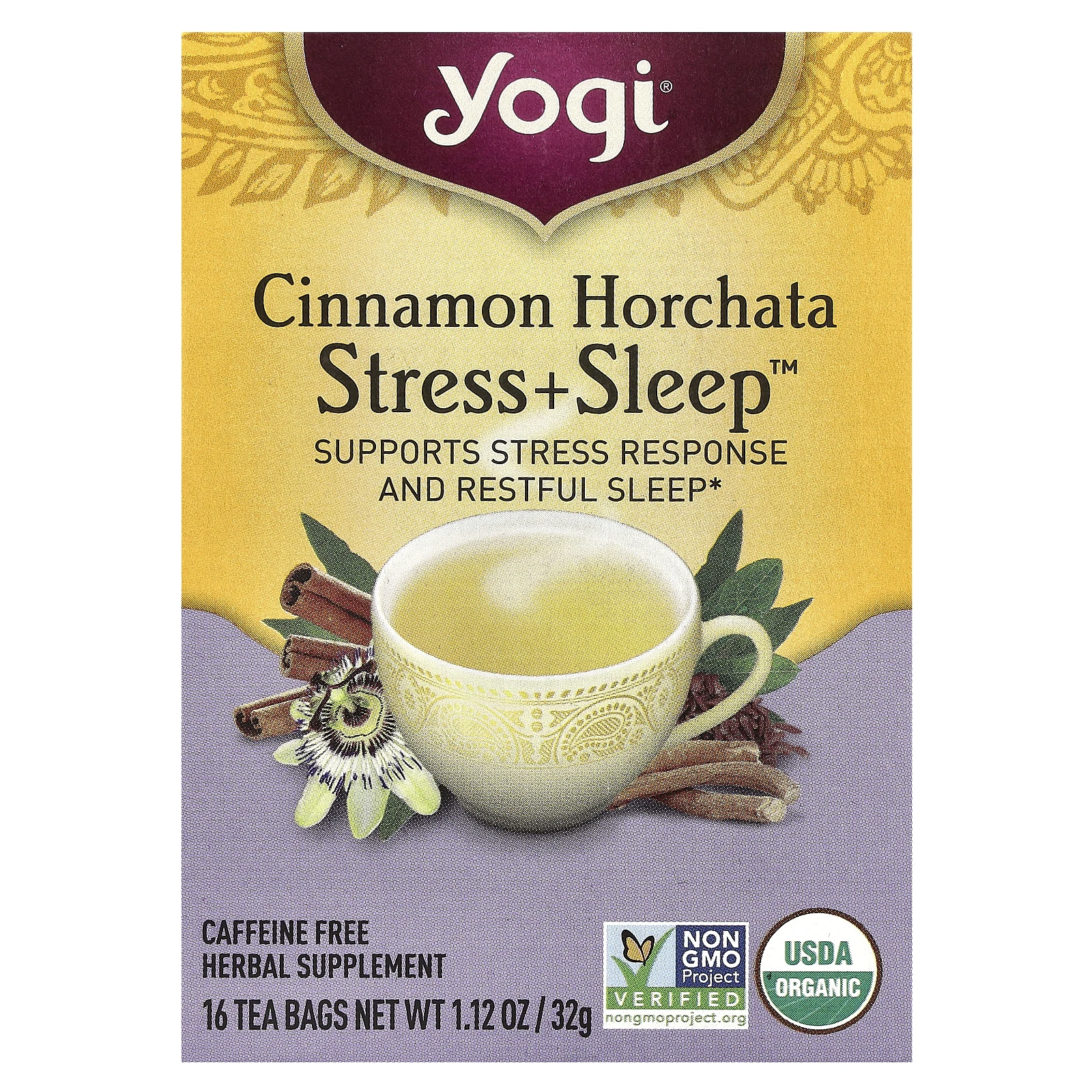 Yogi Tea, Stress + Sleep, орчата с корицей, без кофеина, 16 чайных пакетиков, 32 г (1,12 унции)