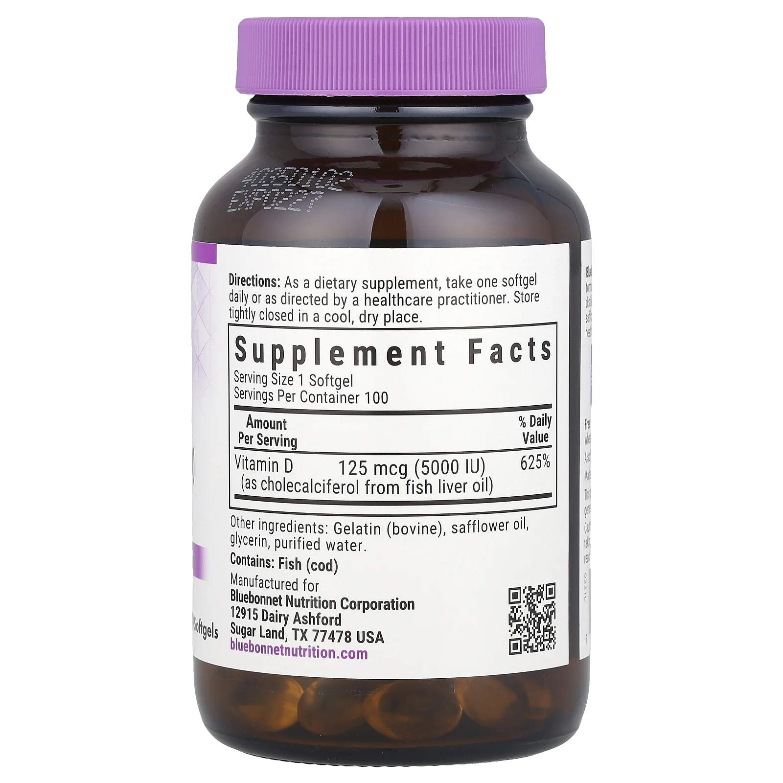 Bluebonnet Nutrition, витамин D3, 125 мкг (5000 МЕ), 100 мягких таблеток