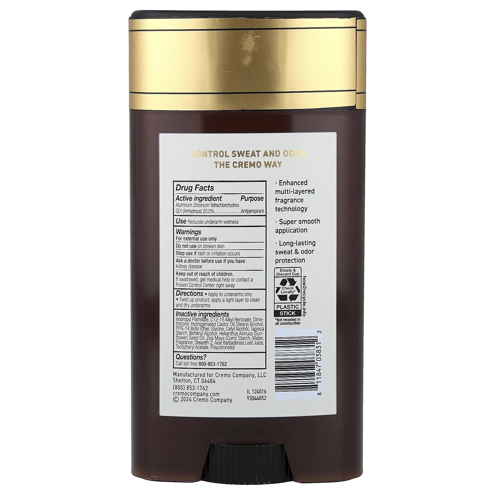 Cremo, Дезодорант и антиперспирант, итальянский бергамот, 75 г (2,65 унции)