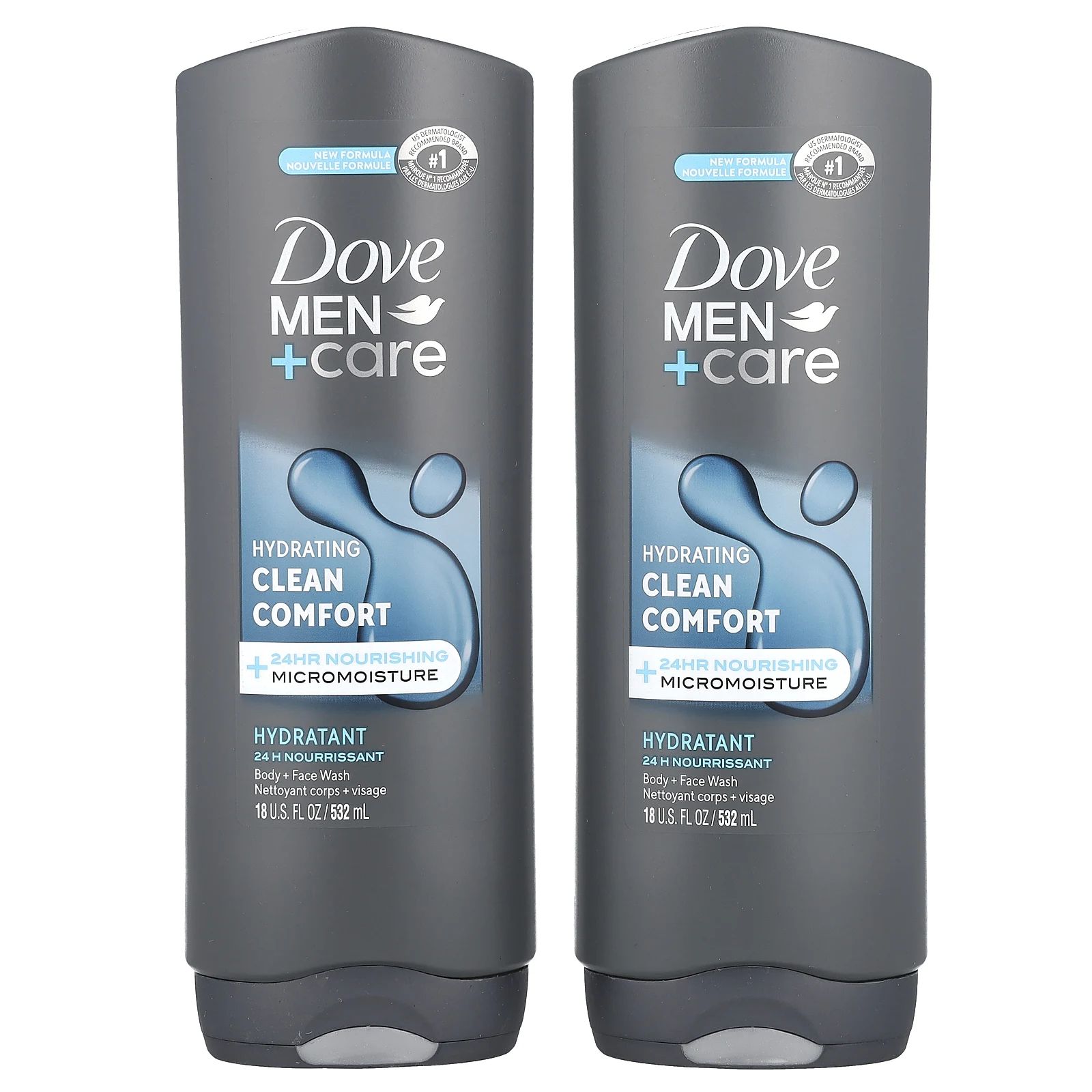 Dove, Гель для лица и тела Men+Care, аромат «Чистый комфорт», 2 шт. по 532 мл